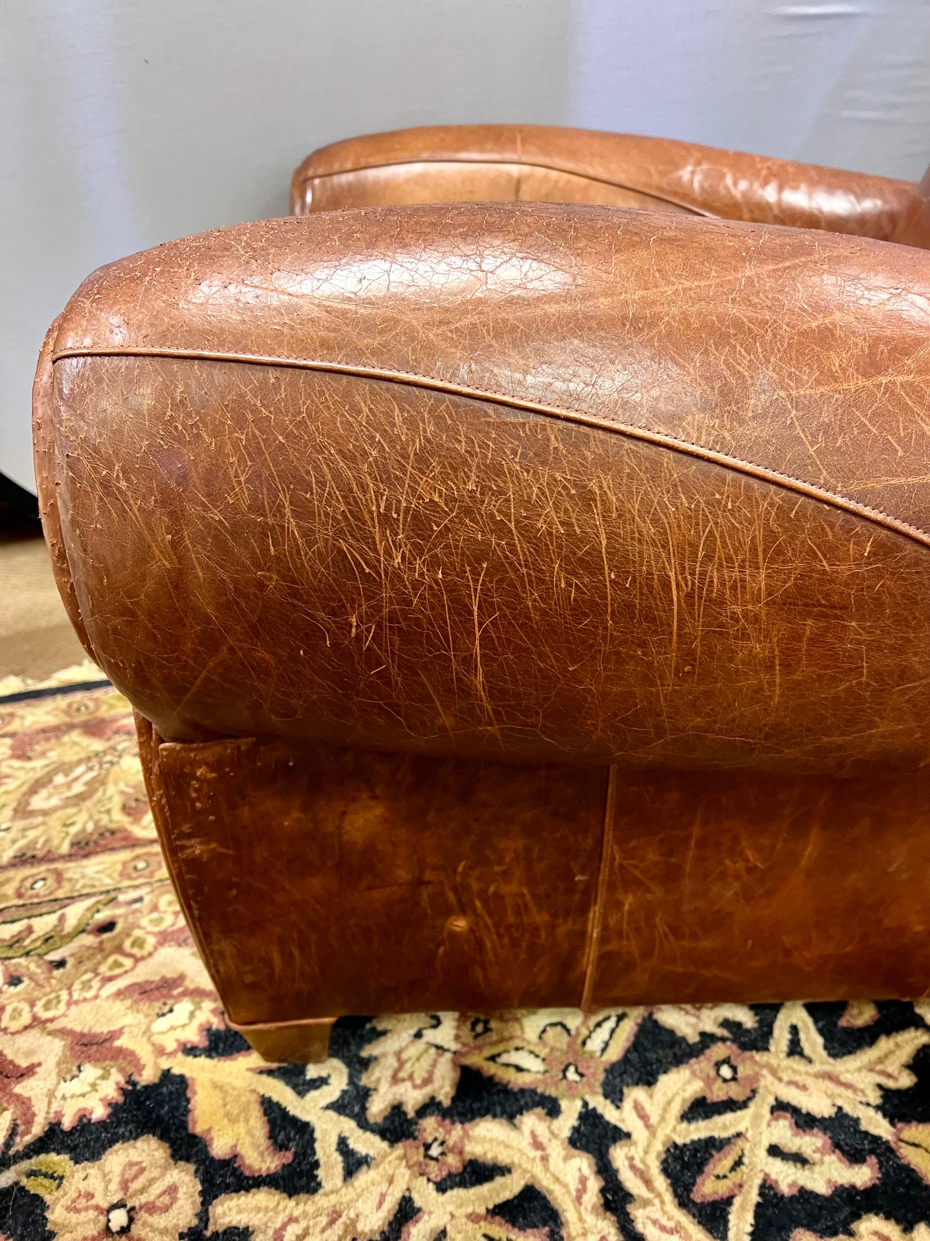 Vintage French Leather Cigar Club Chair and Matching Ottoman 4