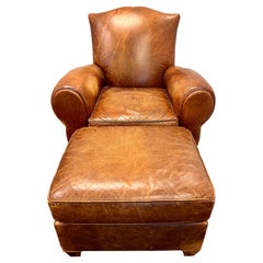 Vintage French Leather Cigar Club Chair and Matching Ottoman