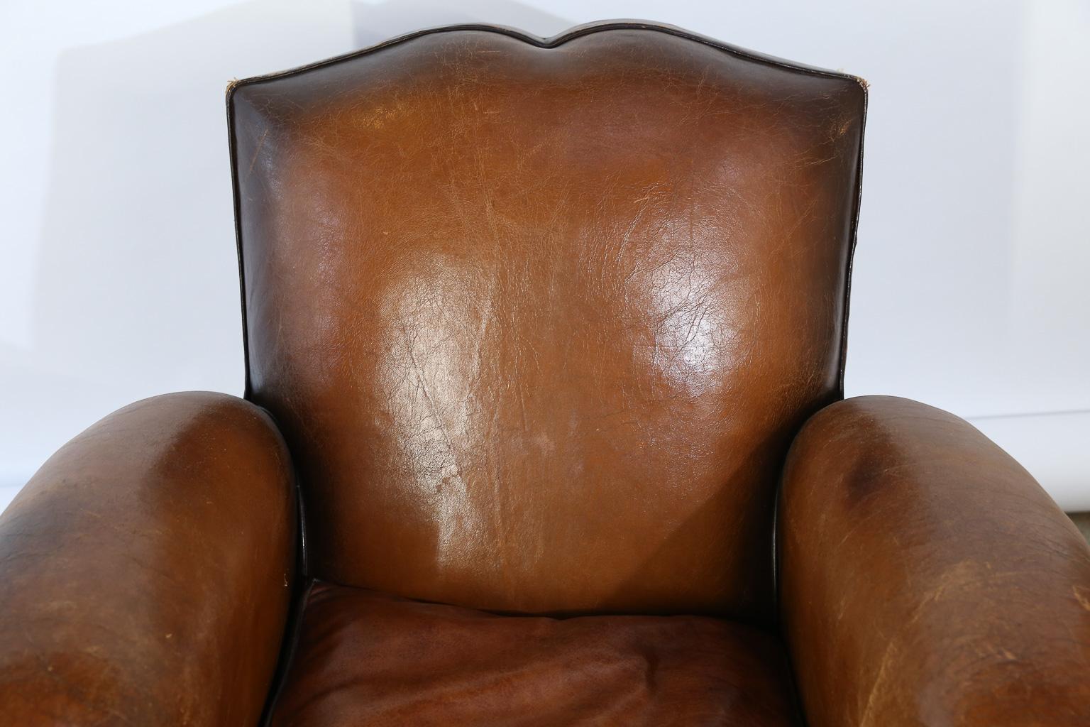 Vintage French Leather Club Chair In Good Condition In Houston, TX