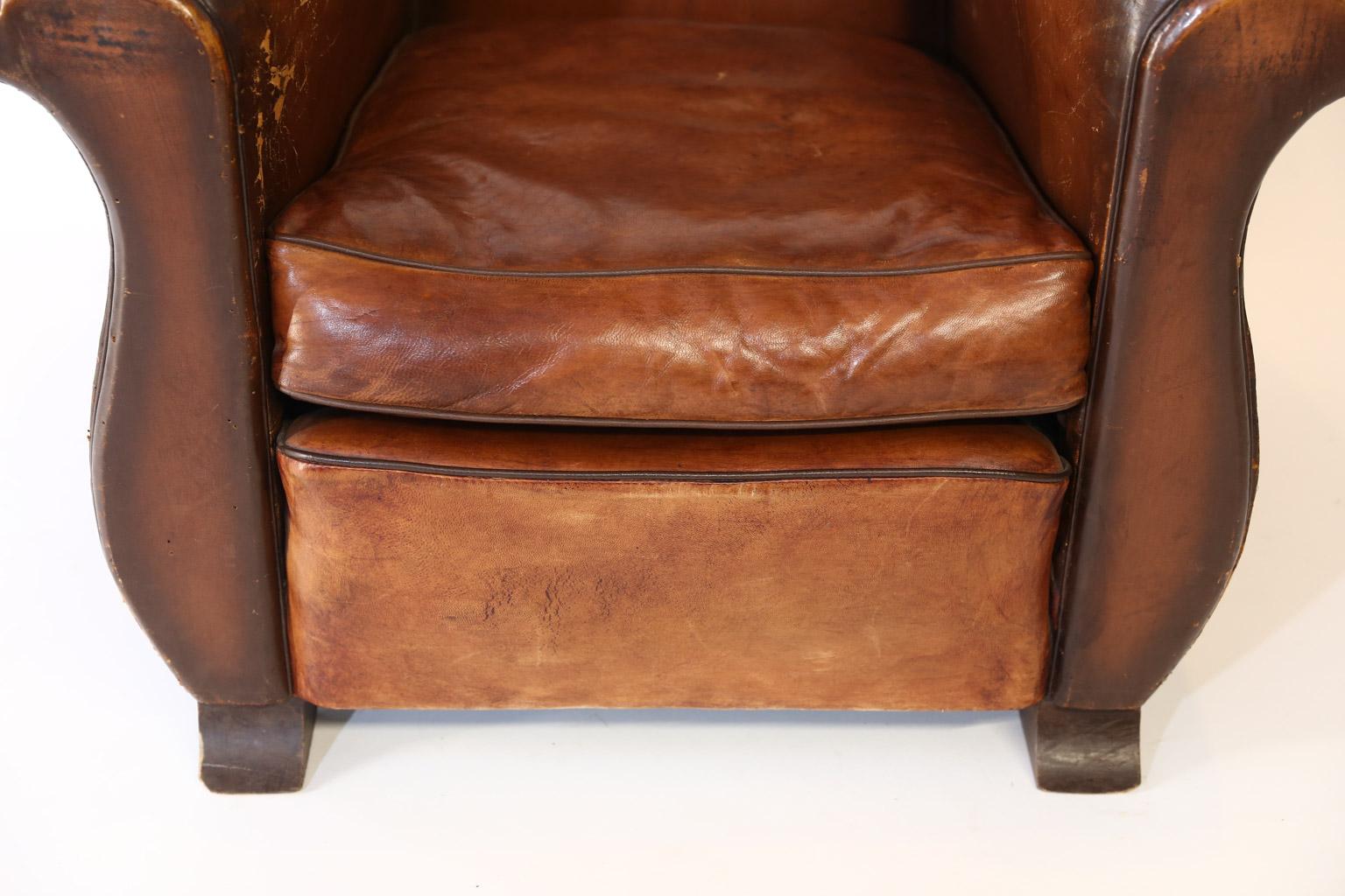 Vintage French Leather Club Chair In Good Condition In Houston, TX