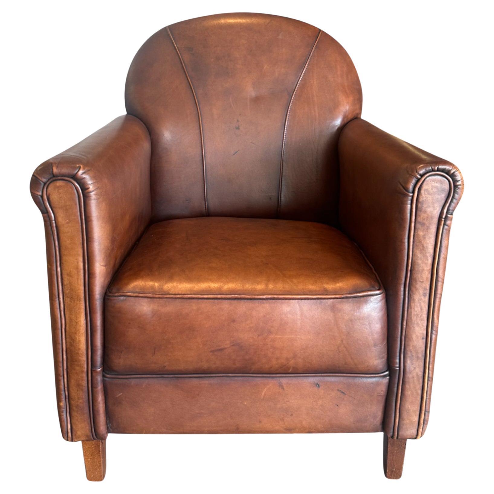 Vintage French Leather Club Chair For Sale