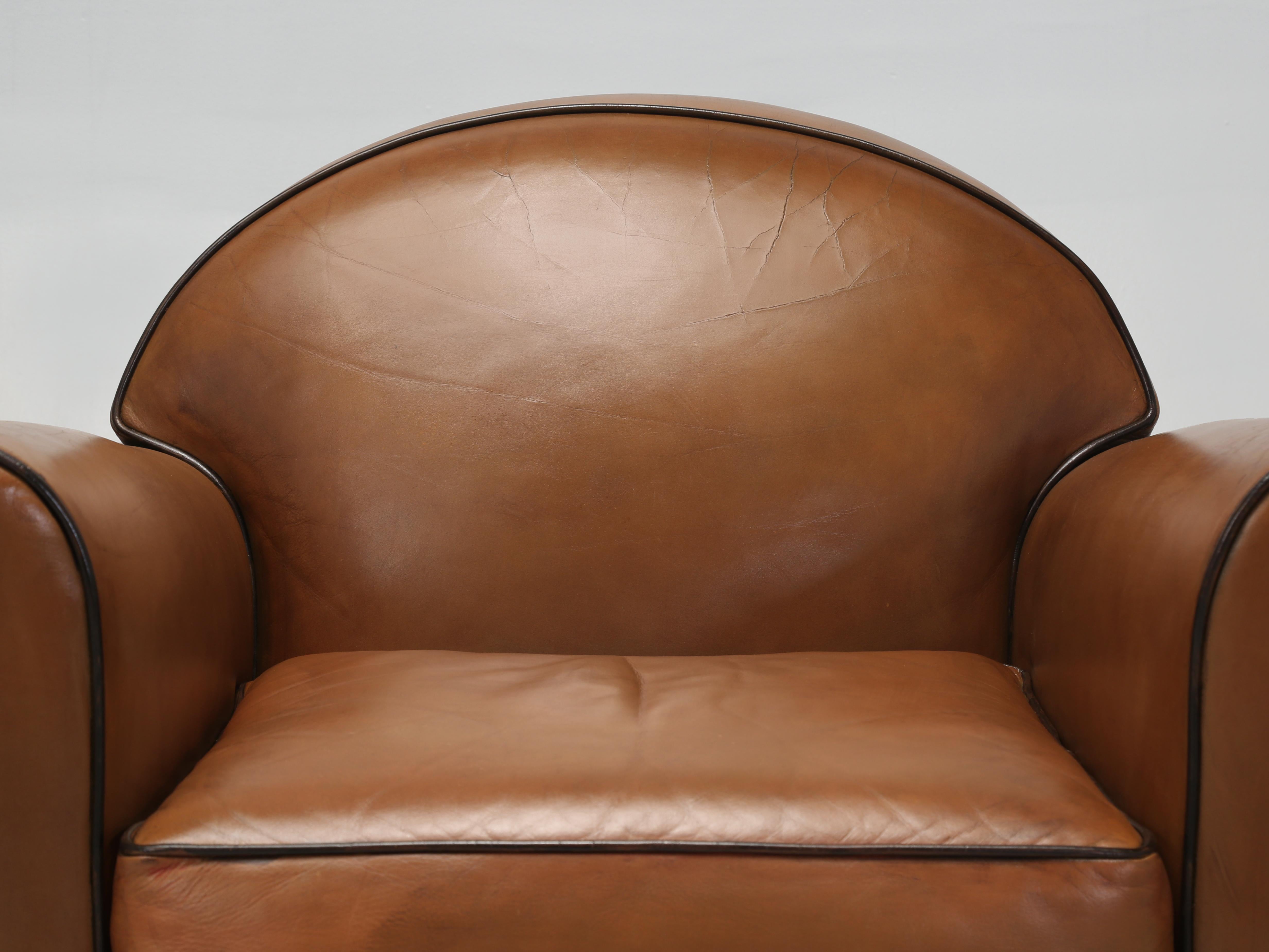 Art Deco Vintage French Leather Club Chairs, by the French firm of HUGUES CHEVAL of Paris