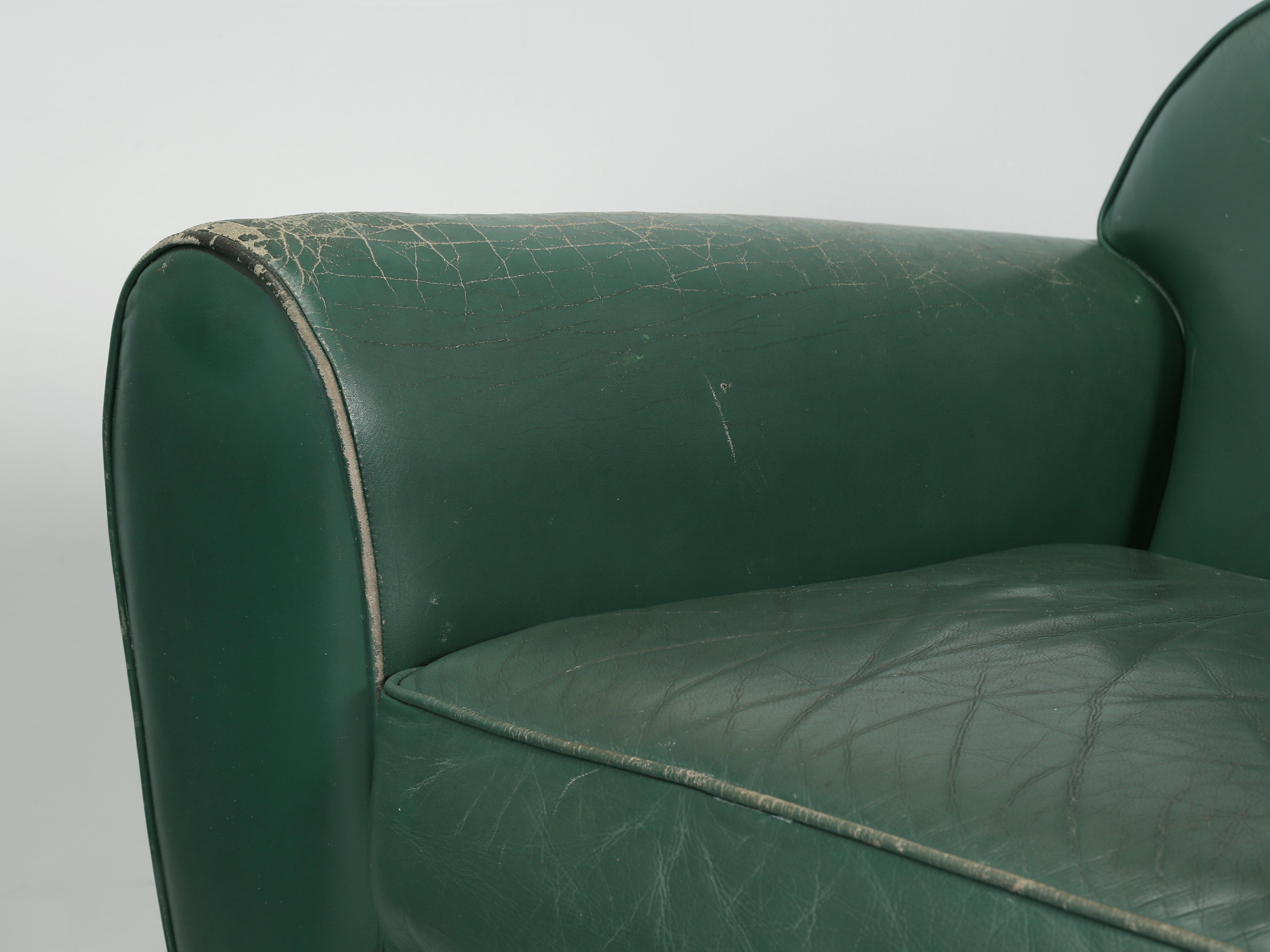 Vintage French Leather Club Chairs in Original Green Leather by Hugues Chevalier 4