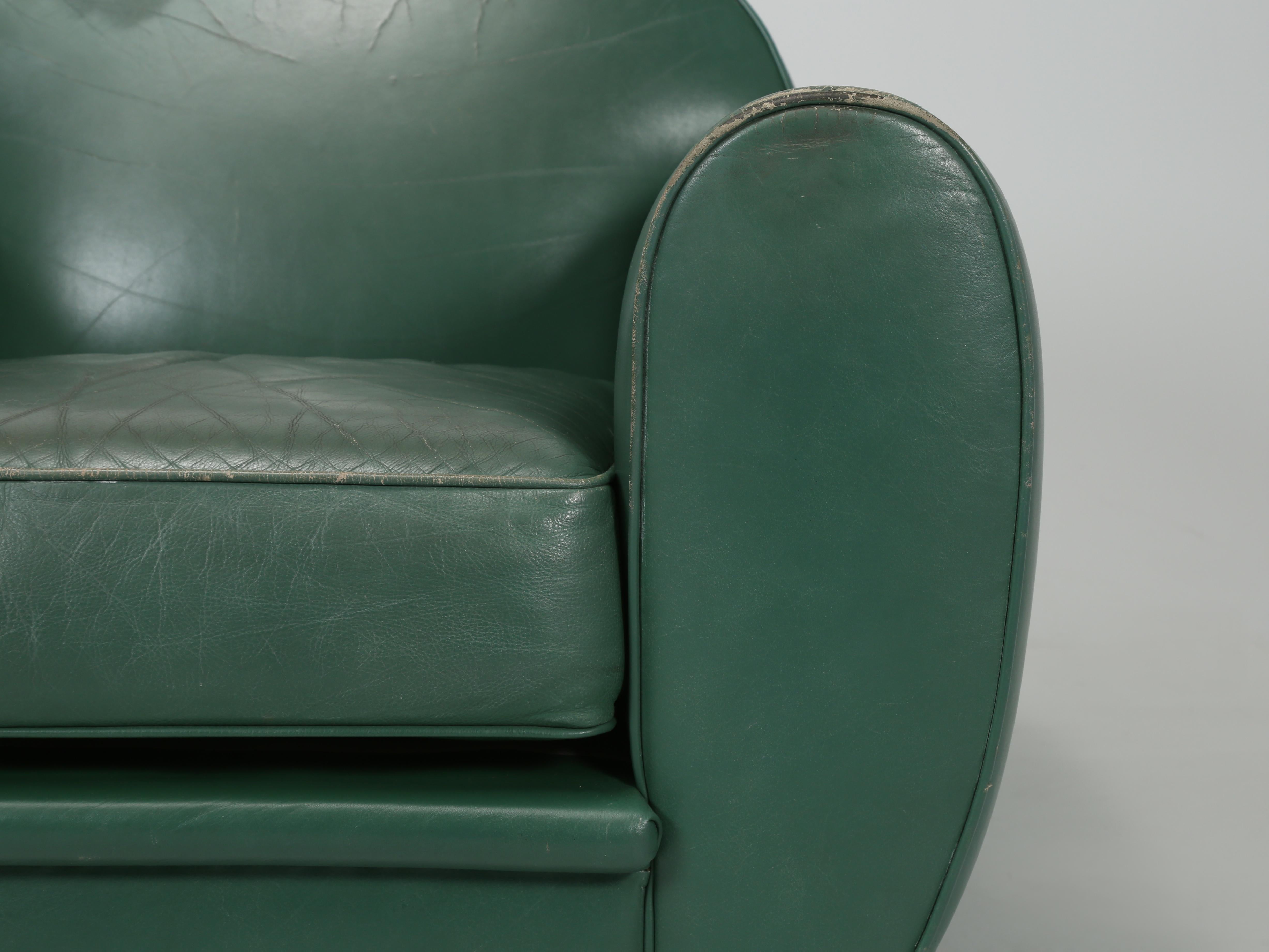 Vintage French Leather Club Chairs in Original Green Leather by Hugues Chevalier 5