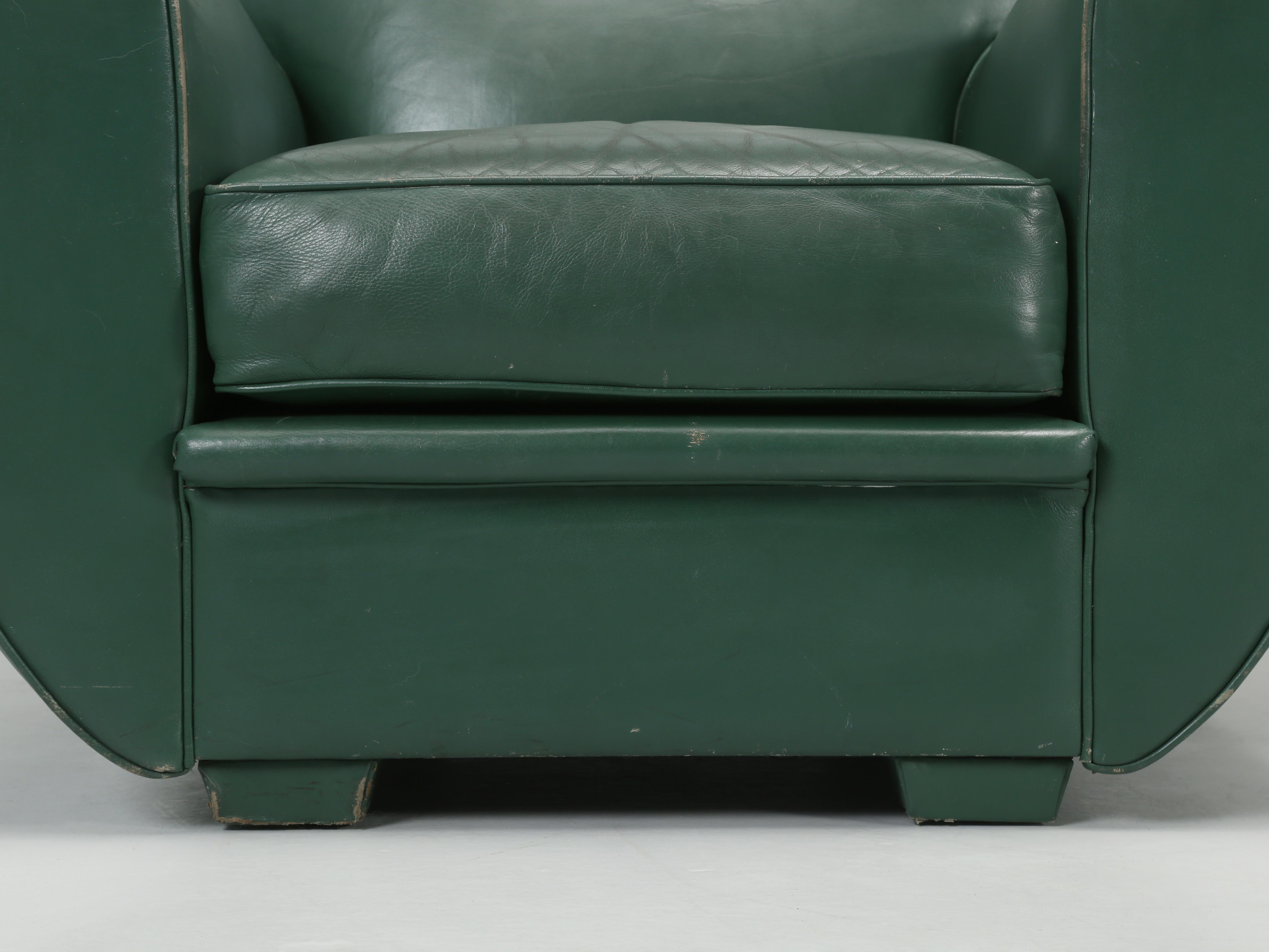 Vintage French Leather Club Chairs in Original Green Leather by Hugues Chevalier 6