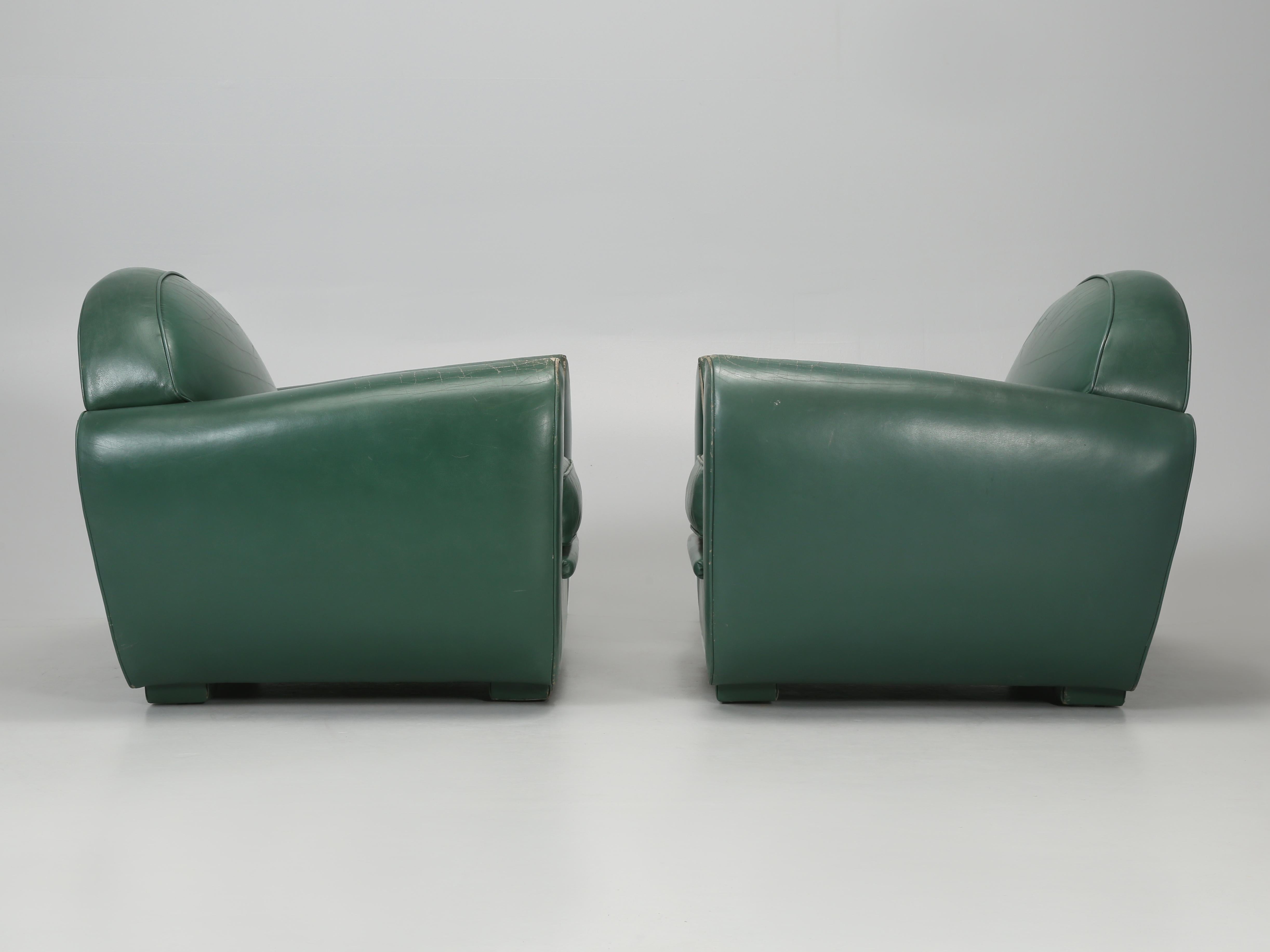Vintage French Leather Club Chairs in Original Green Leather by Hugues Chevalier 9