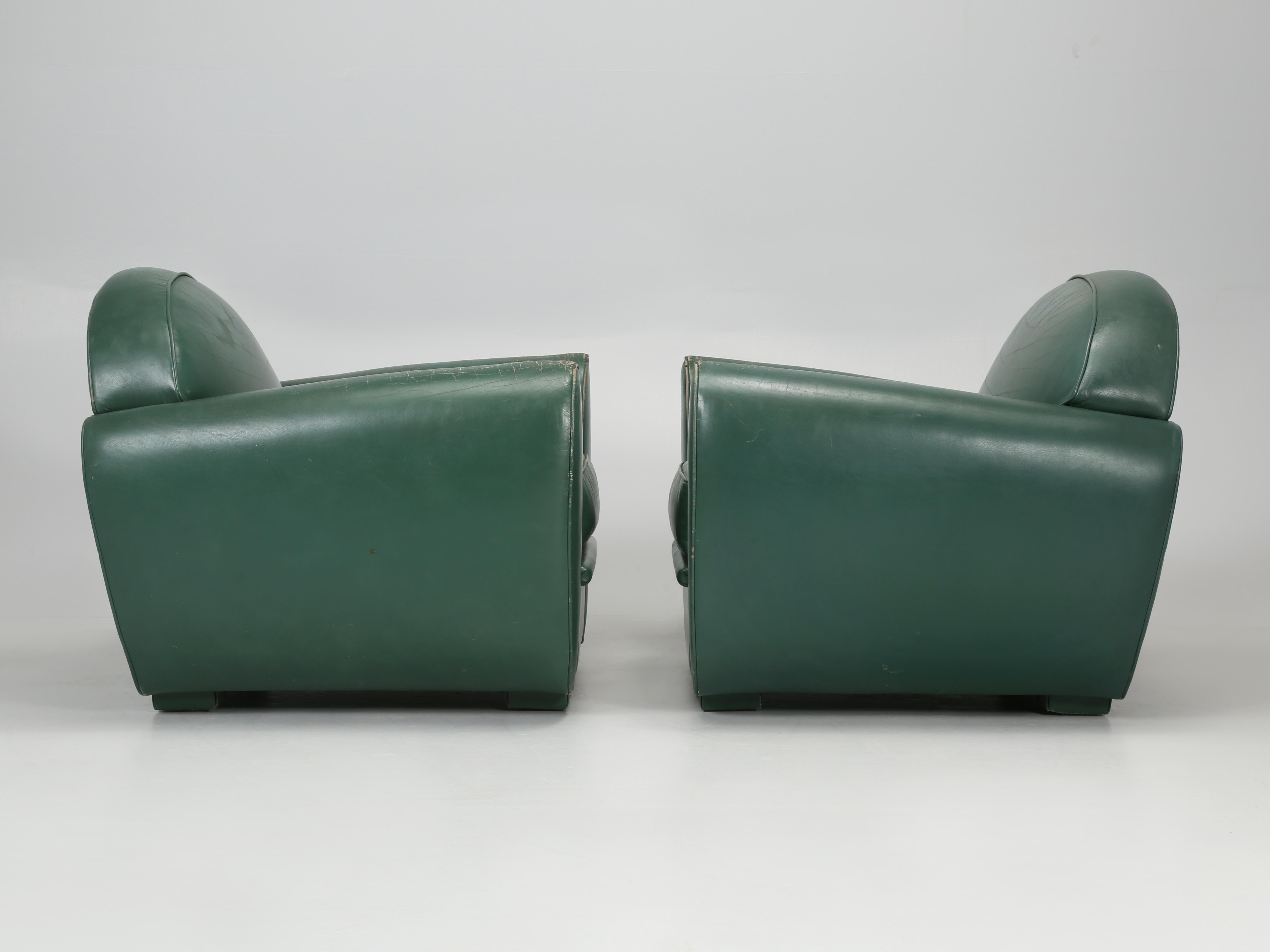 Vintage French Leather Club Chairs in Original Green Leather by Hugues Chevalier 10