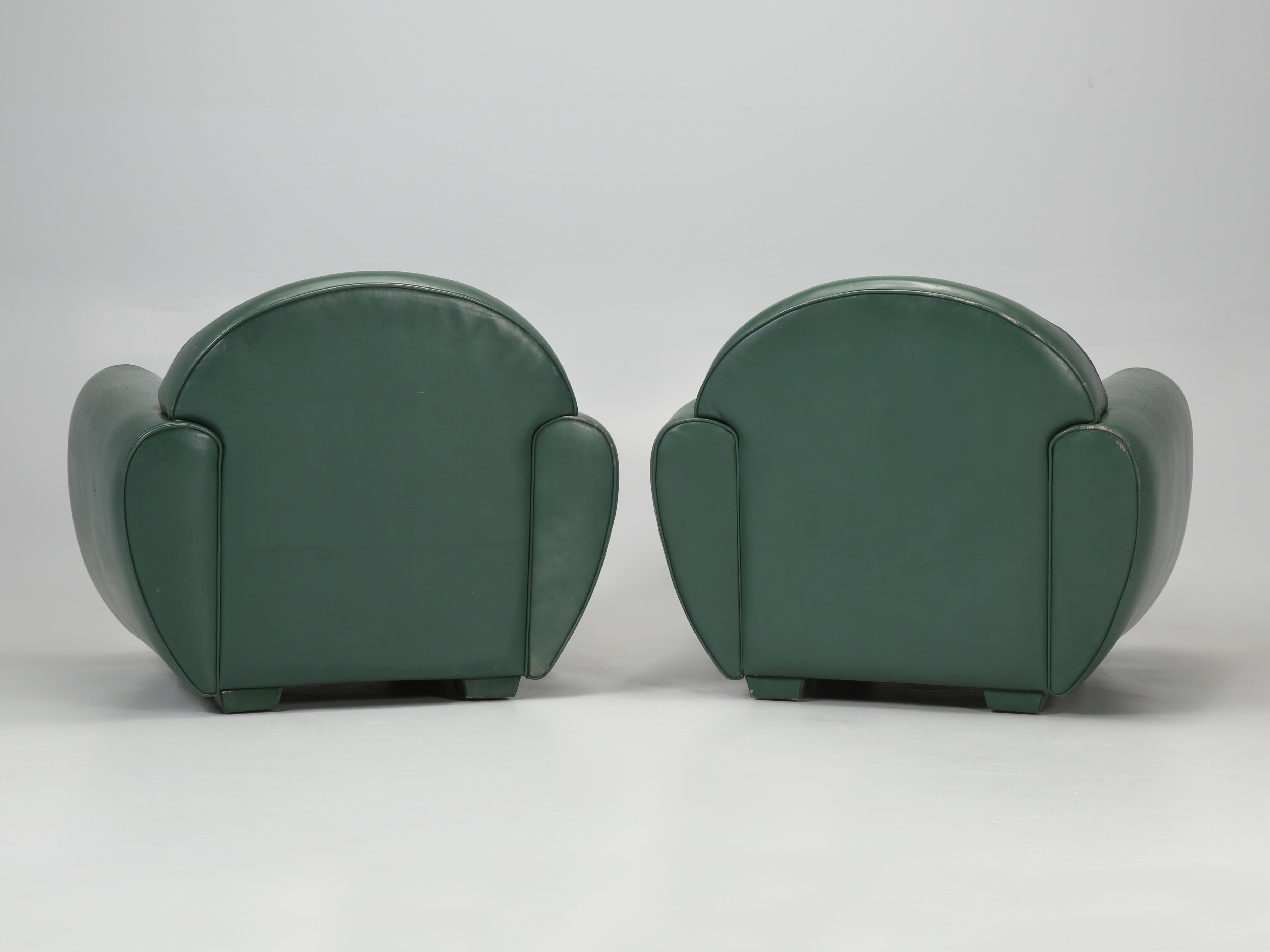 Vintage French Leather Club Chairs in Original Green Leather by Hugues Chevalier 11