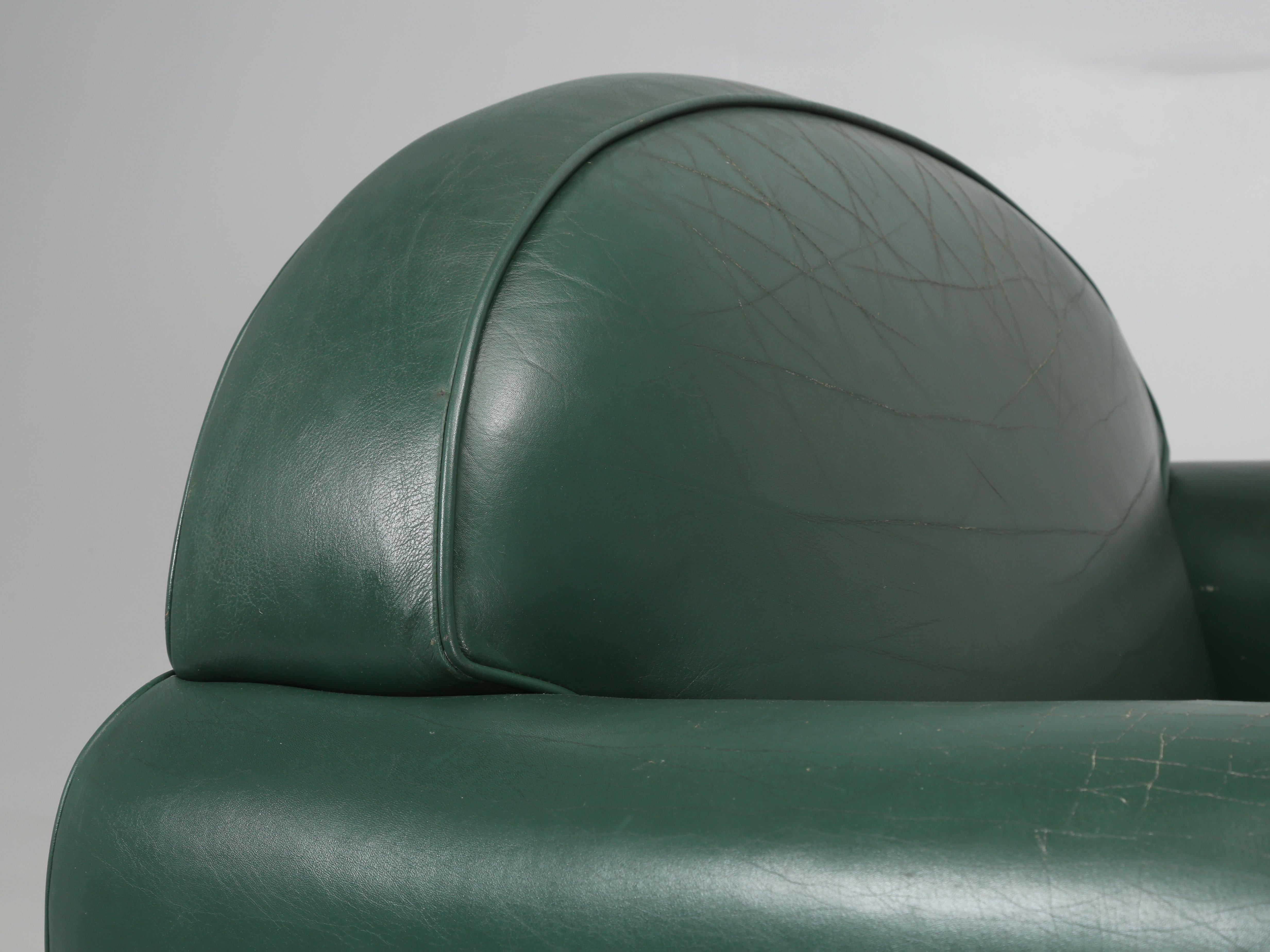 Art Deco Vintage French Leather Club Chairs in Original Green Leather by Hugues Chevalier