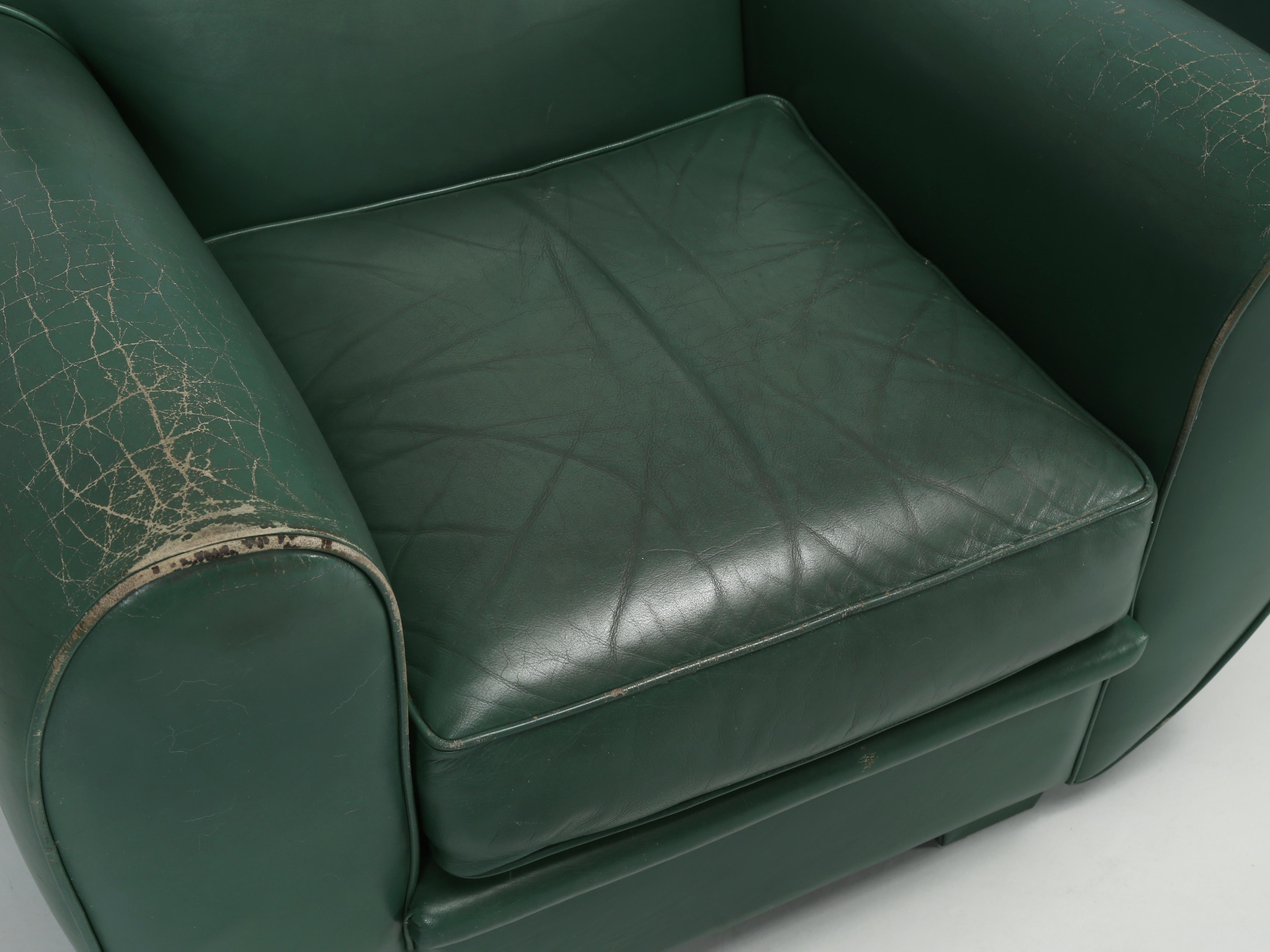 Hand-Crafted Vintage French Leather Club Chairs in Original Green Leather by Hugues Chevalier