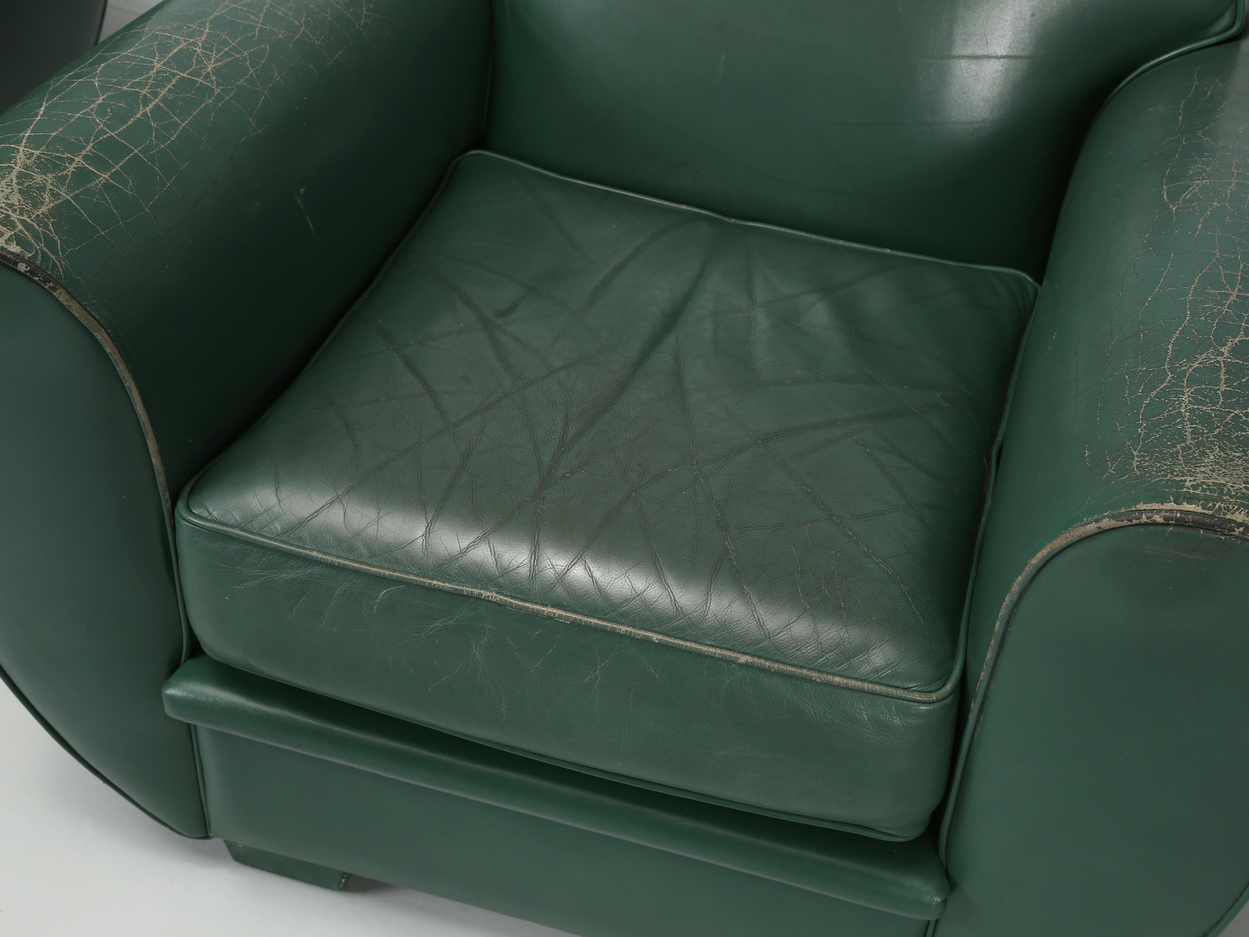 Vintage French Leather Club Chairs in Original Green Leather by Hugues Chevalier In Good Condition In Chicago, IL