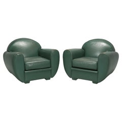 Vintage French Leather Club Chairs in Original Green Leather by Hugues Chevalier