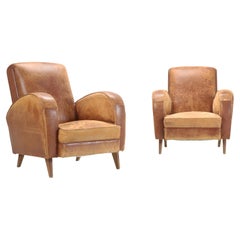 Fauteuils club en cuir français Vintage Mid-Century Modern c1940's Tous d'origine Lea.