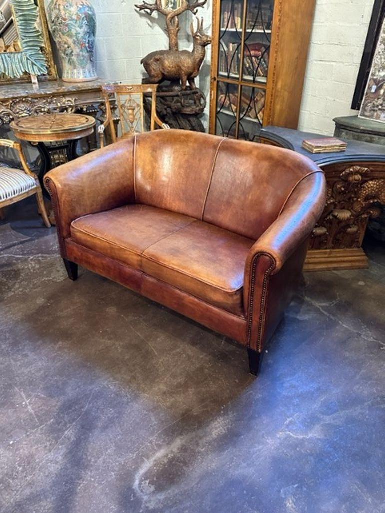Mid-20th Century Vintage French Leather Club Settee For Sale