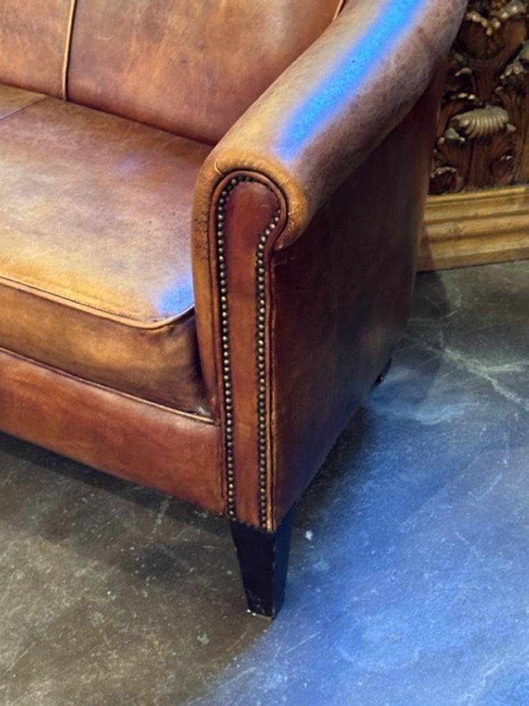 Vintage French Leather Club Settee For Sale 1