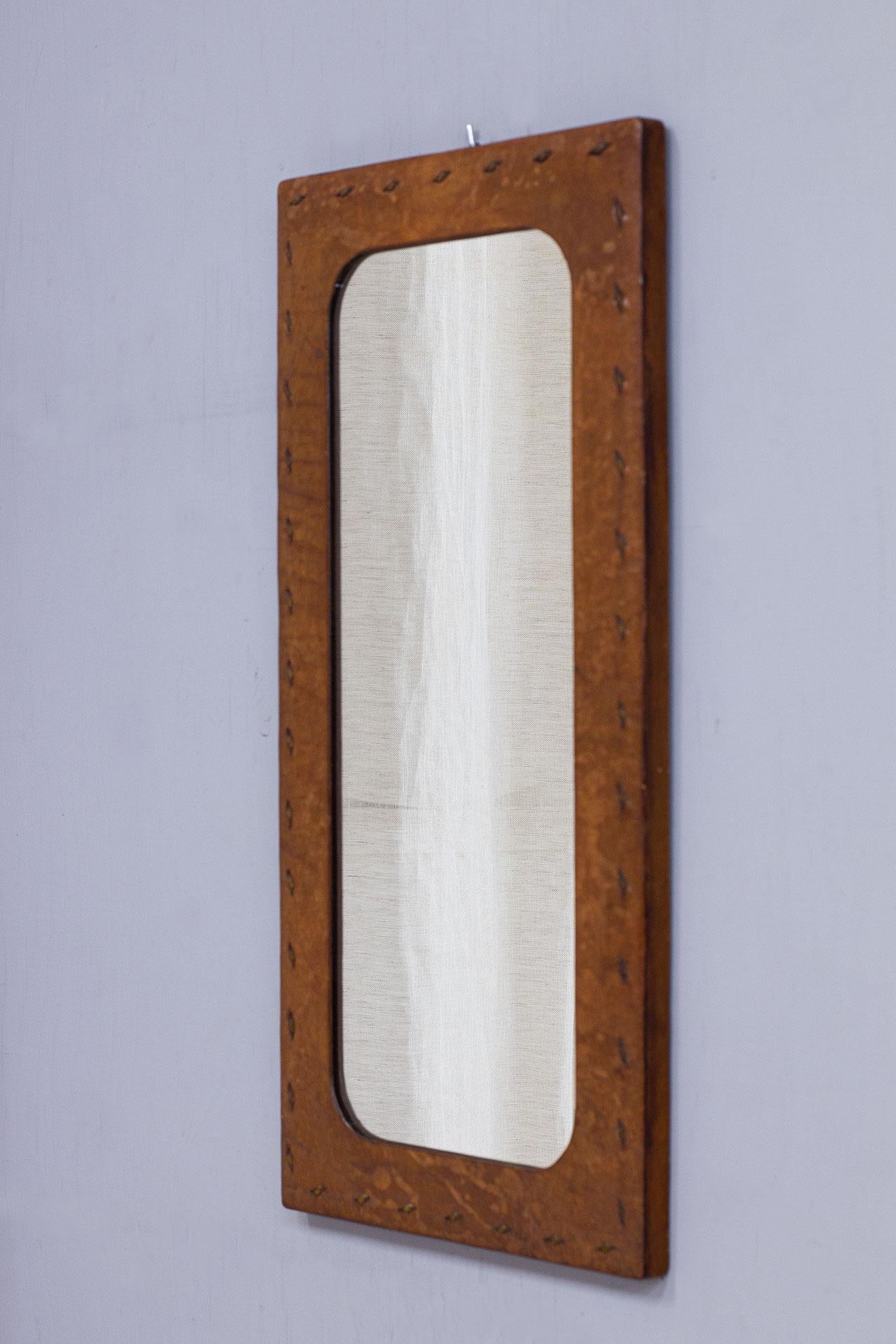 Mid-Century Modern Vintage French Leather-Covered Wall Mirror from the 1950s For Sale
