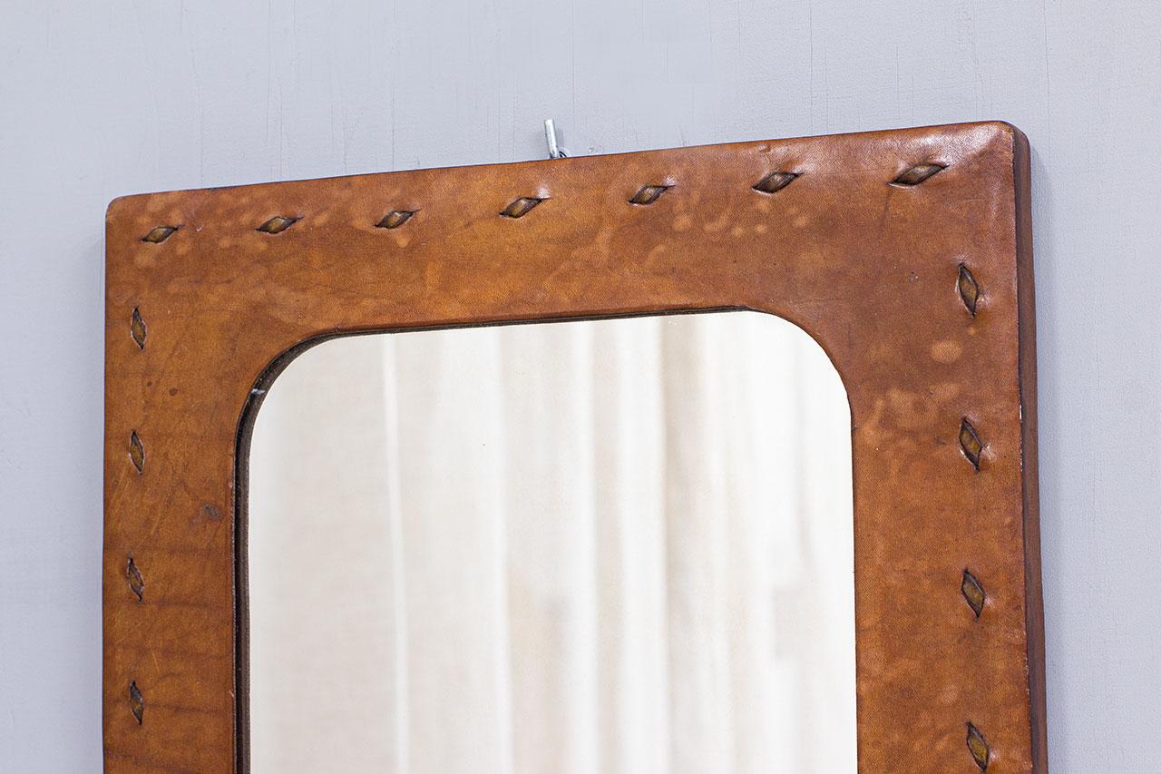 20th Century Vintage French Leather-Covered Wall Mirror from the 1950s For Sale