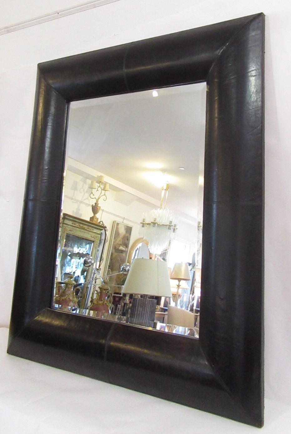 Vintage French Leather Mirror In Good Condition For Sale In Southampton, NY