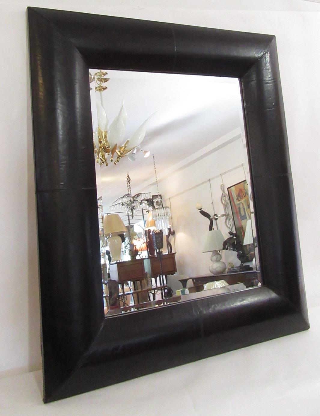 Early 20th Century Vintage French Leather Mirror For Sale