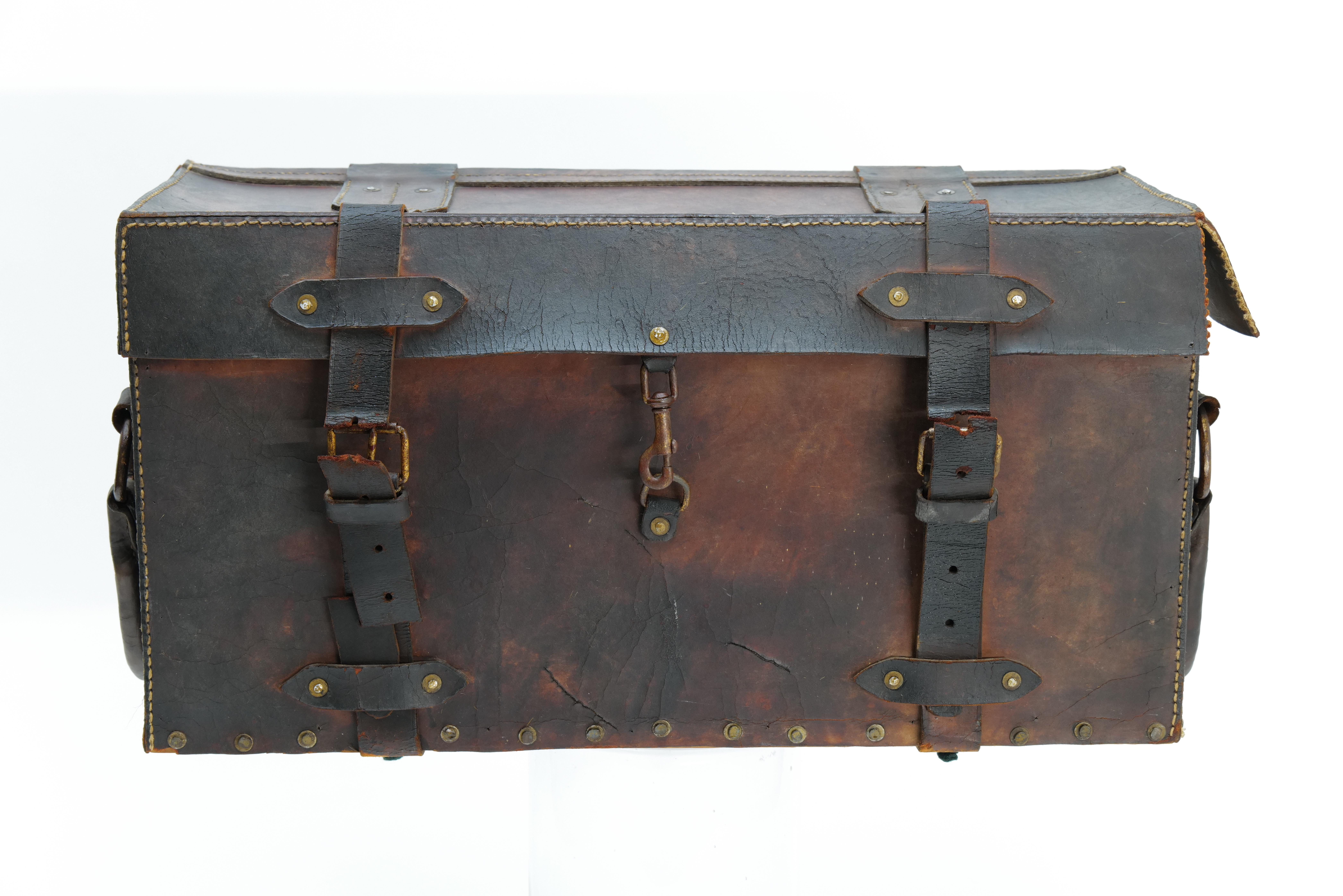 Rustic Vintage French Leather Travel Trunk For Sale