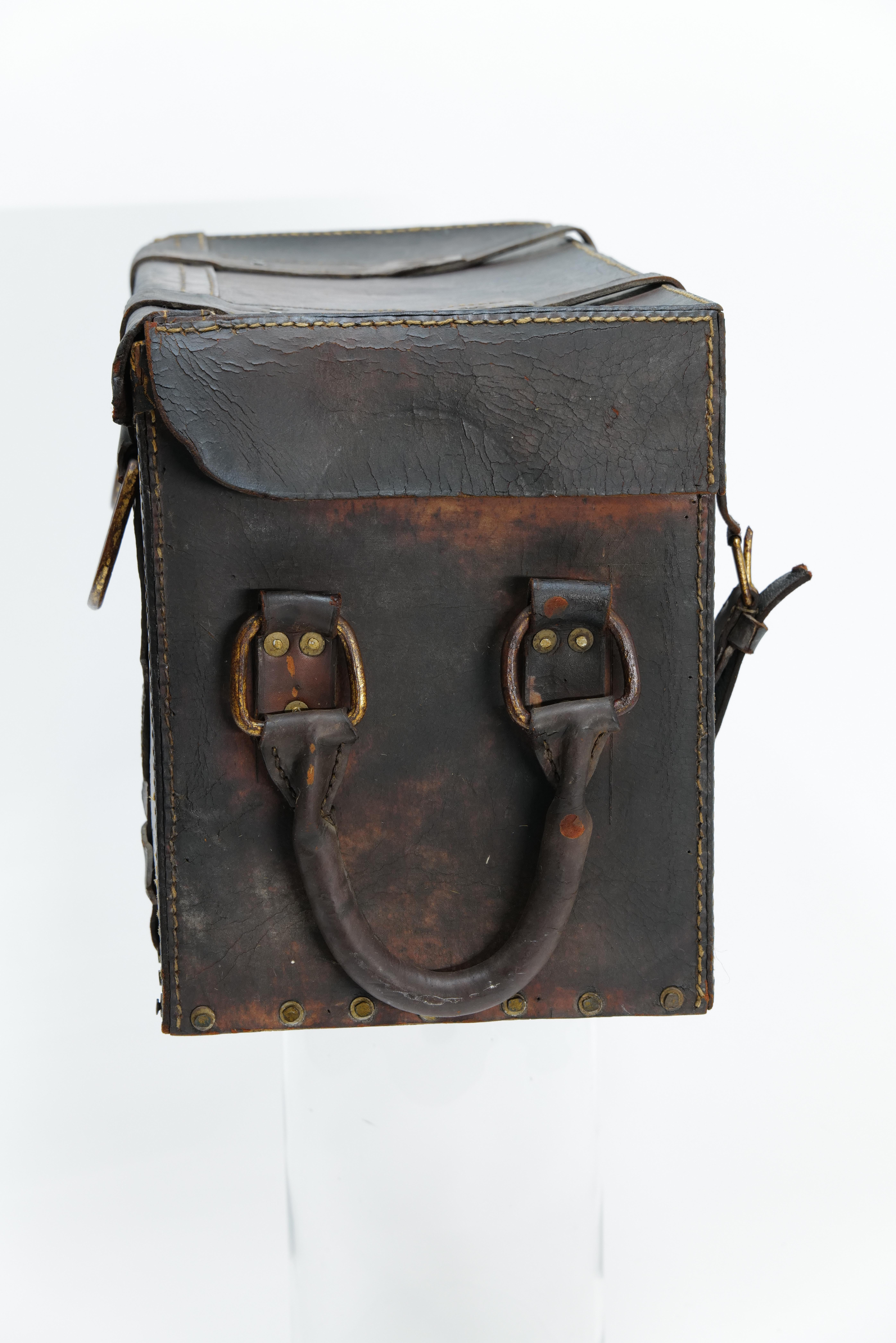 Brass Vintage French Leather Travel Trunk For Sale