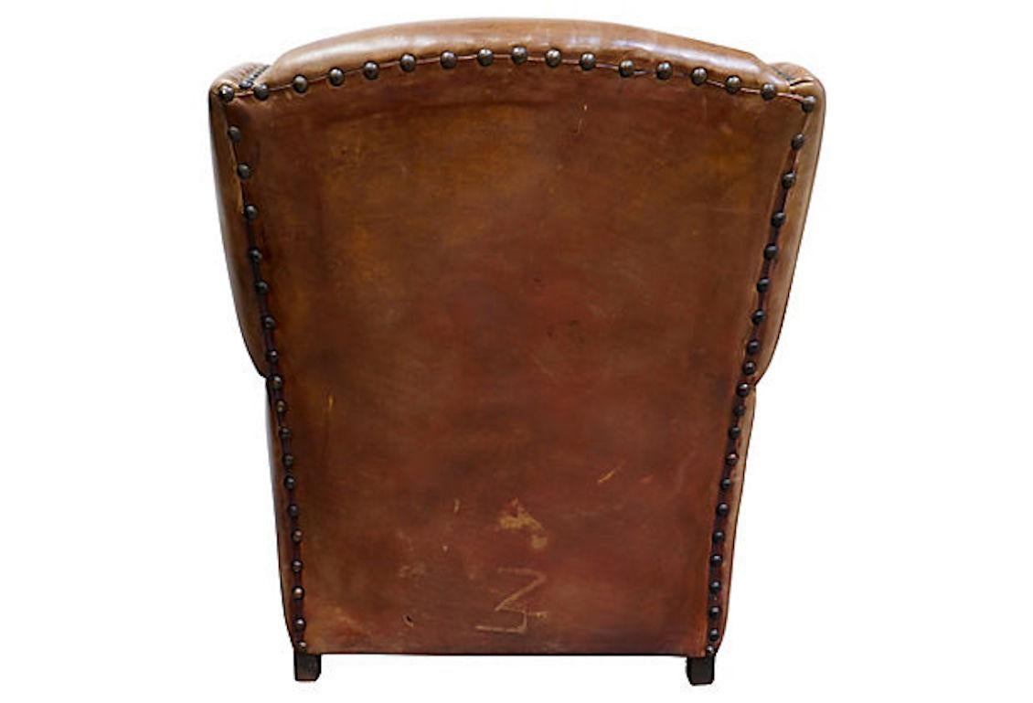 Vintage French Leather Wingback Club Chair In Good Condition For Sale In thousand oaks, CA
