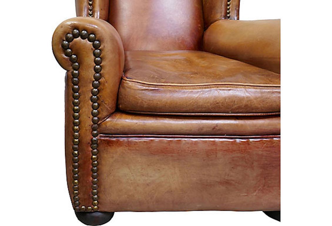 Late 20th Century Vintage French Leather Wingback Club Chair For Sale