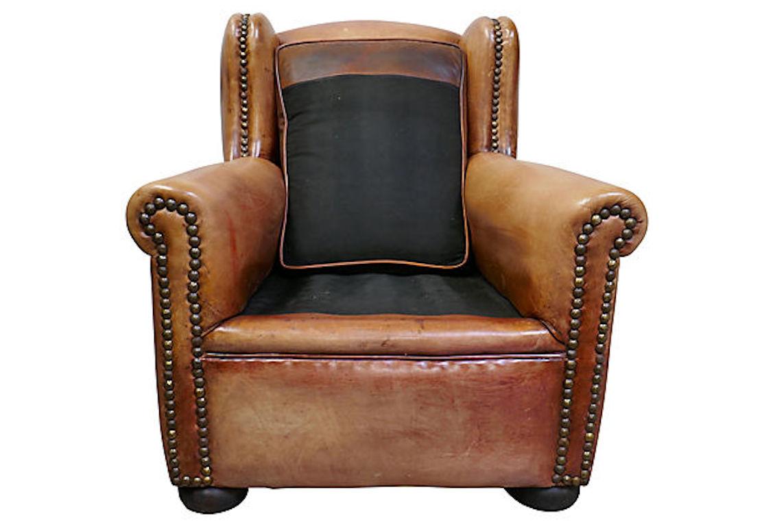 Animal Skin Vintage French Leather Wingback Club Chair For Sale