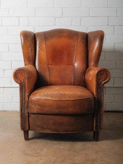 Vintage French Leather Wingback Club Chair with Nailhead Trim