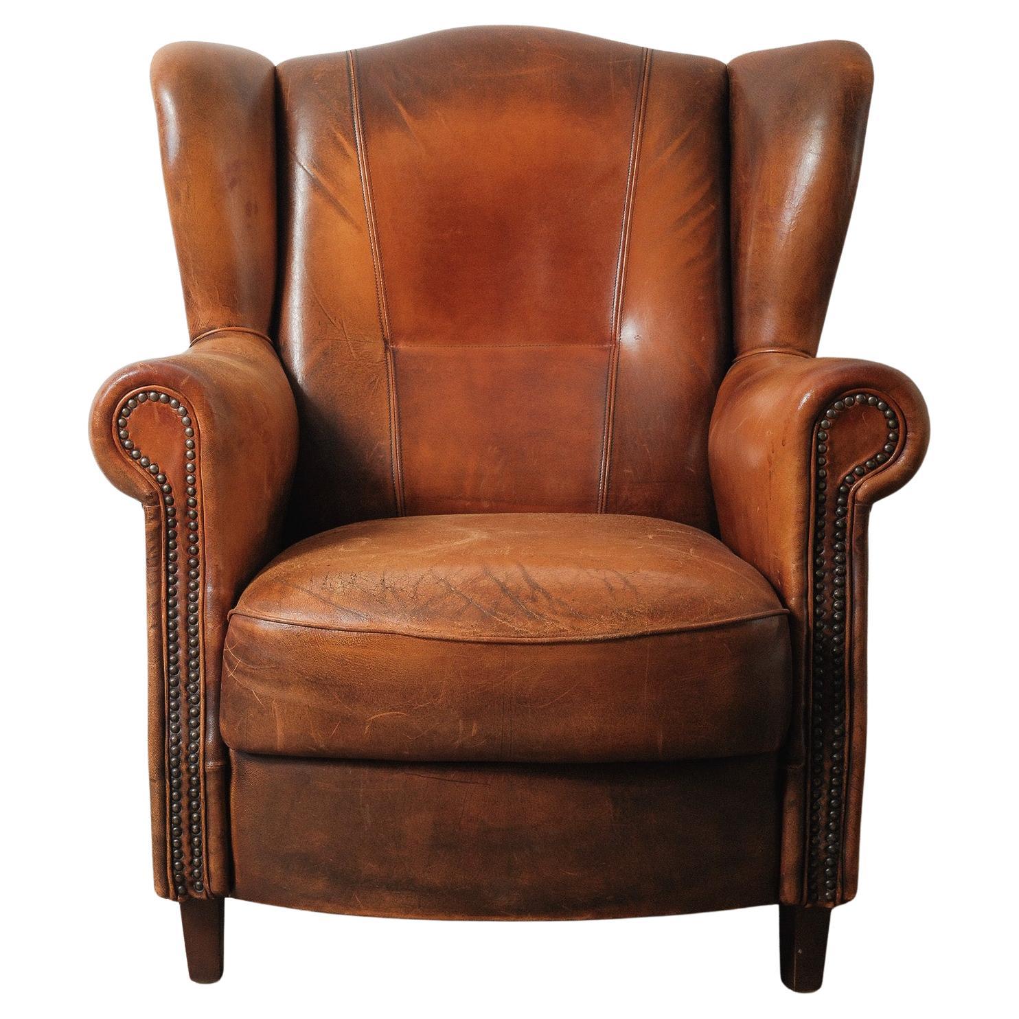 Vintage French Leather Wingback Club Chair with Nailhead Trim