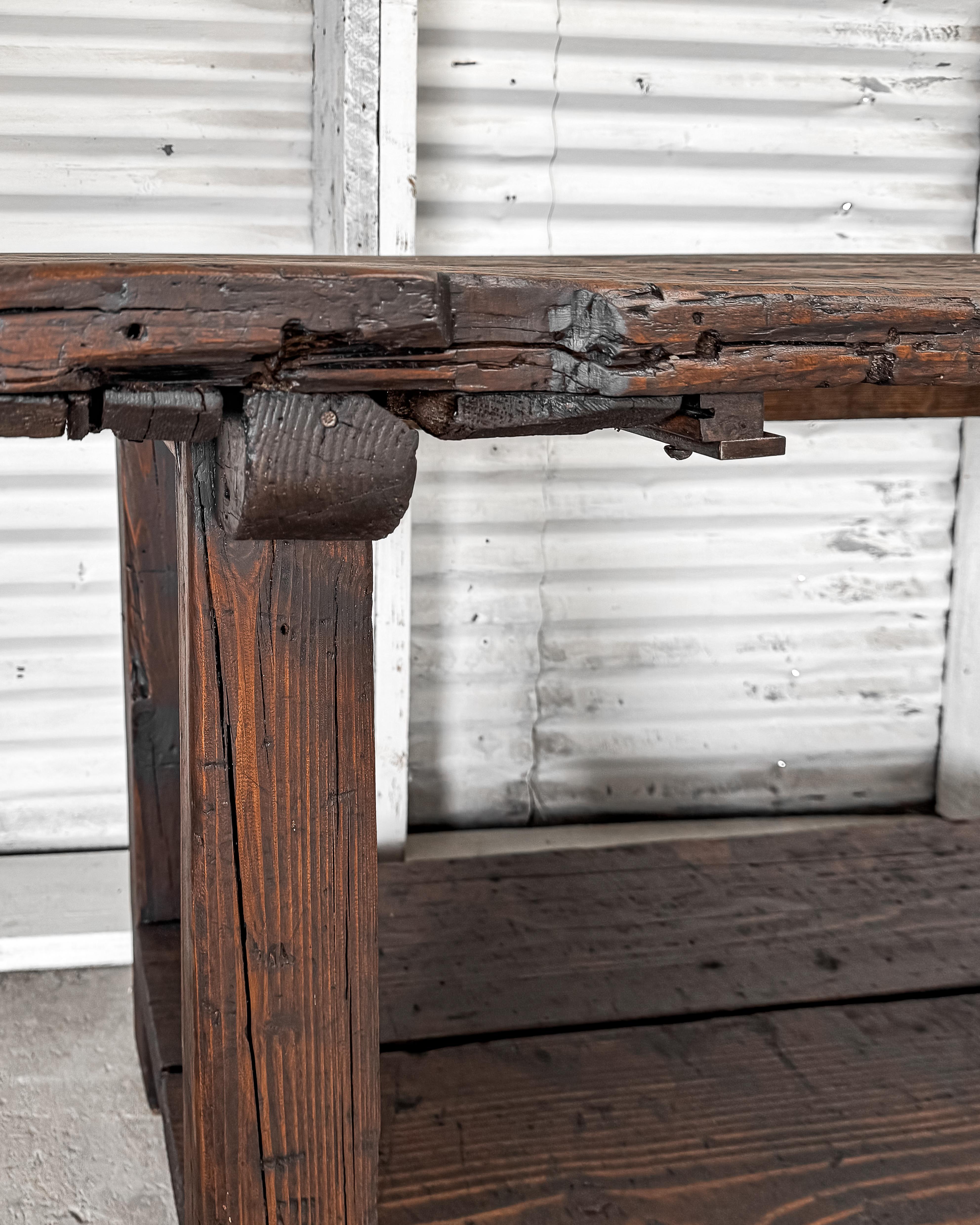 Wood Vintage French Leather Workshop Table Kitchen Island For Sale