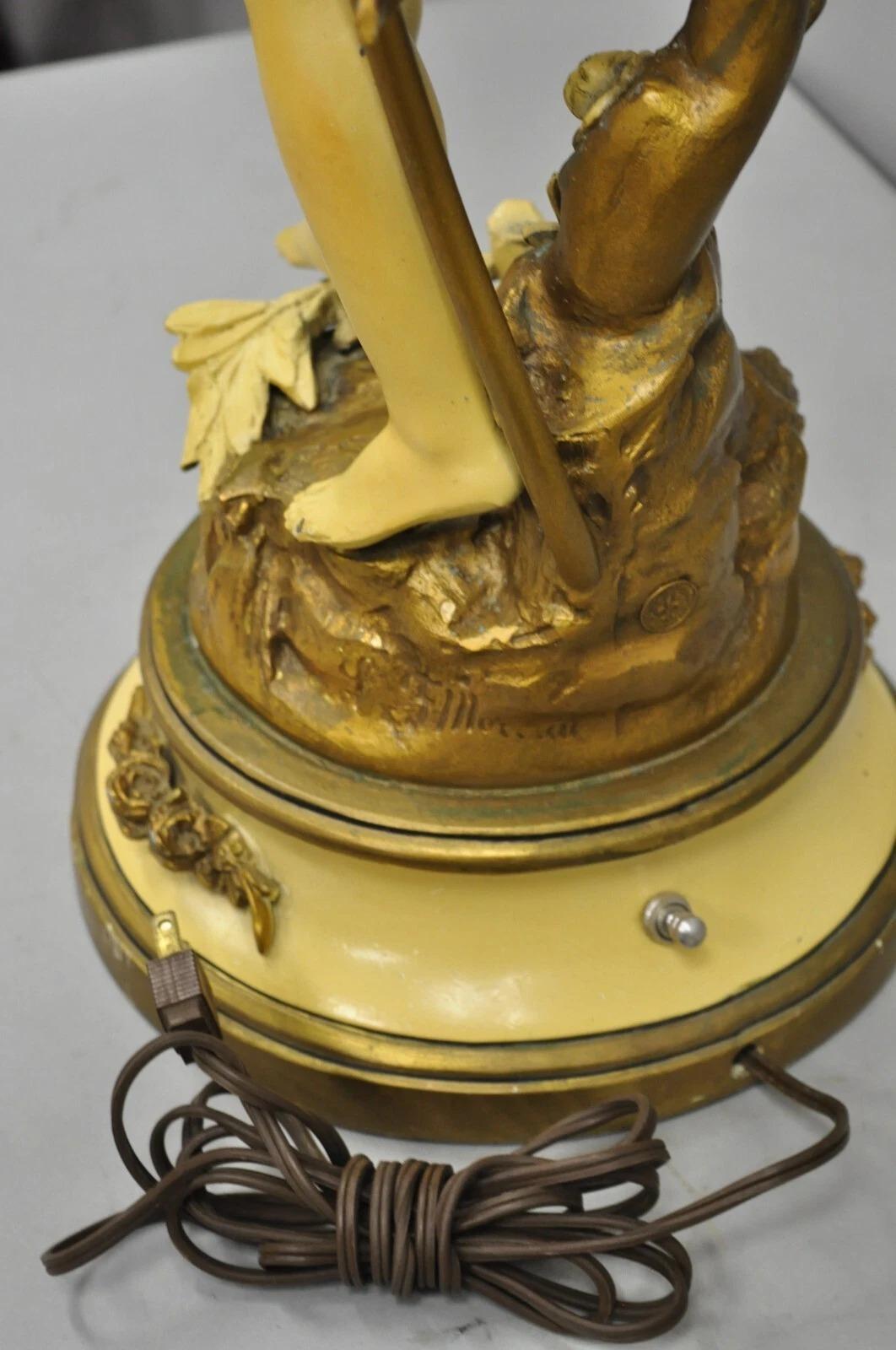 Vintage French L&F Moreau Figural Gold Painted Metal Boy Torchiere Table Lamp For Sale 4
