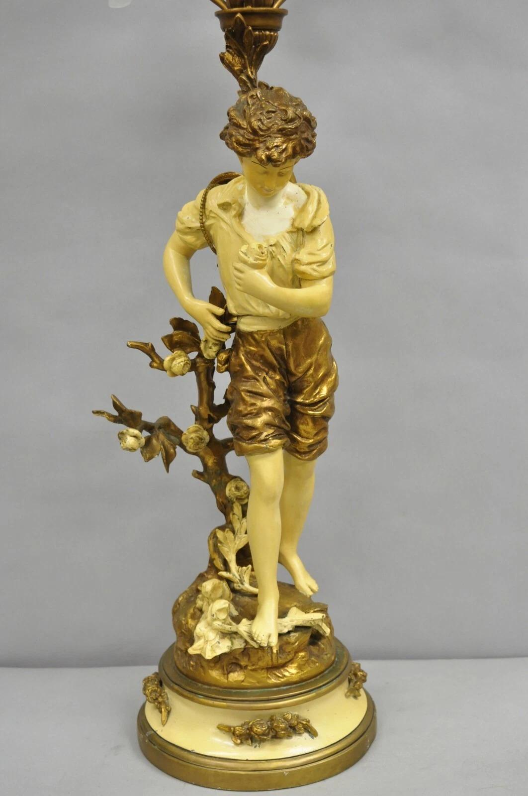 Renaissance Vintage French L&F Moreau Figural Gold Painted Metal Boy Torchiere Table Lamp For Sale