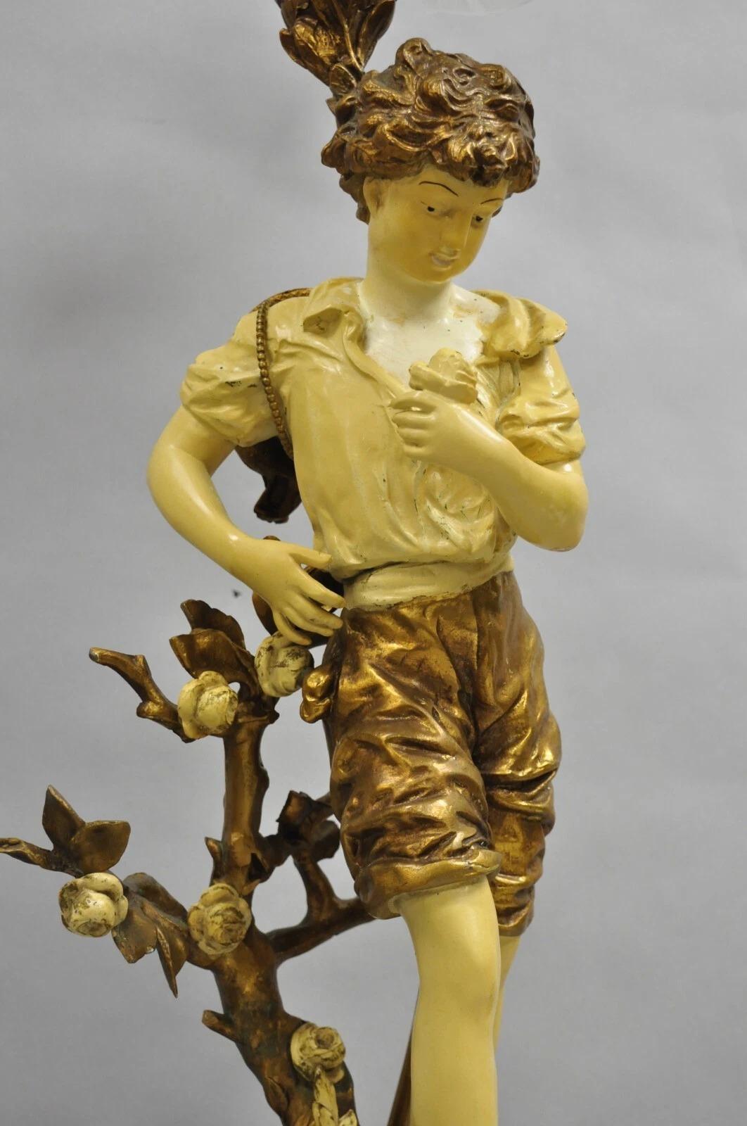Vintage French L&F Moreau Figural Gold Painted Metal Boy Torchiere Table Lamp In Good Condition For Sale In Philadelphia, PA
