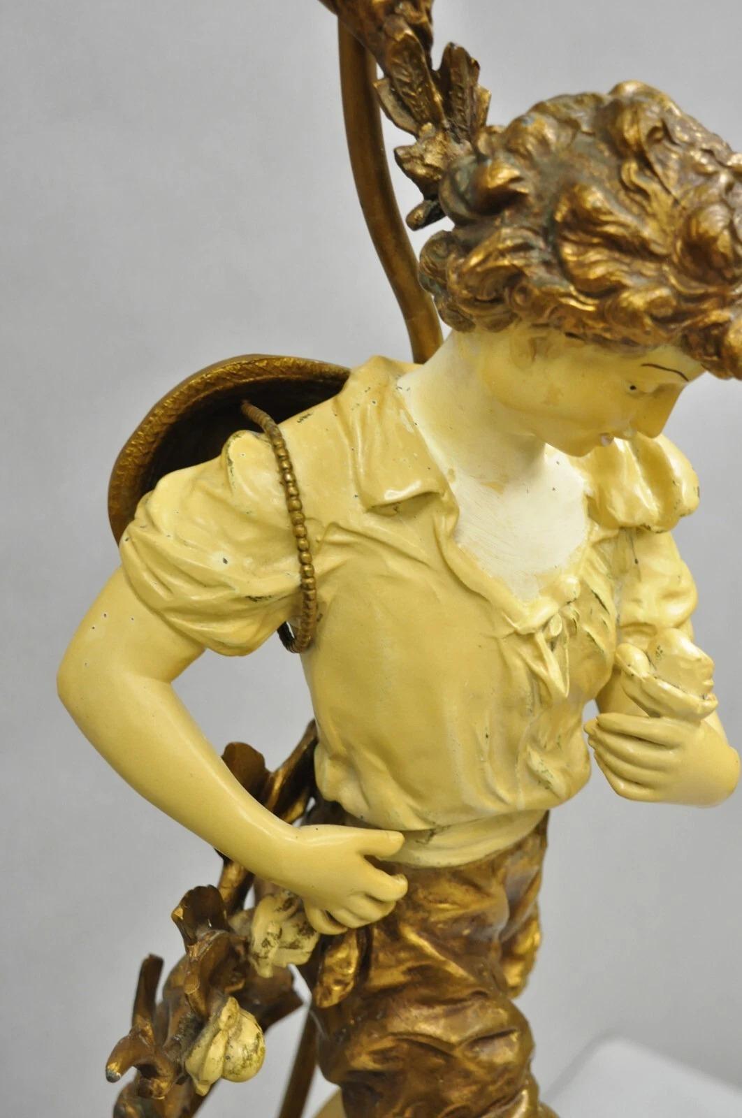 20th Century Vintage French L&F Moreau Figural Gold Painted Metal Boy Torchiere Table Lamp For Sale
