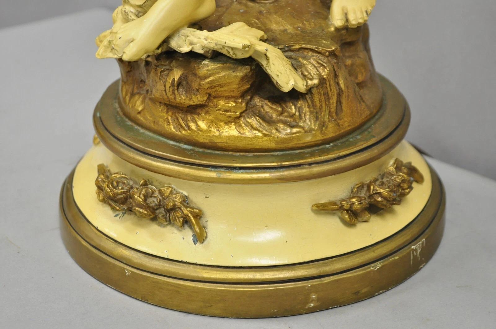 Vintage French L&F Moreau Figural Gold Painted Metal Boy Torchiere Table Lamp For Sale 1