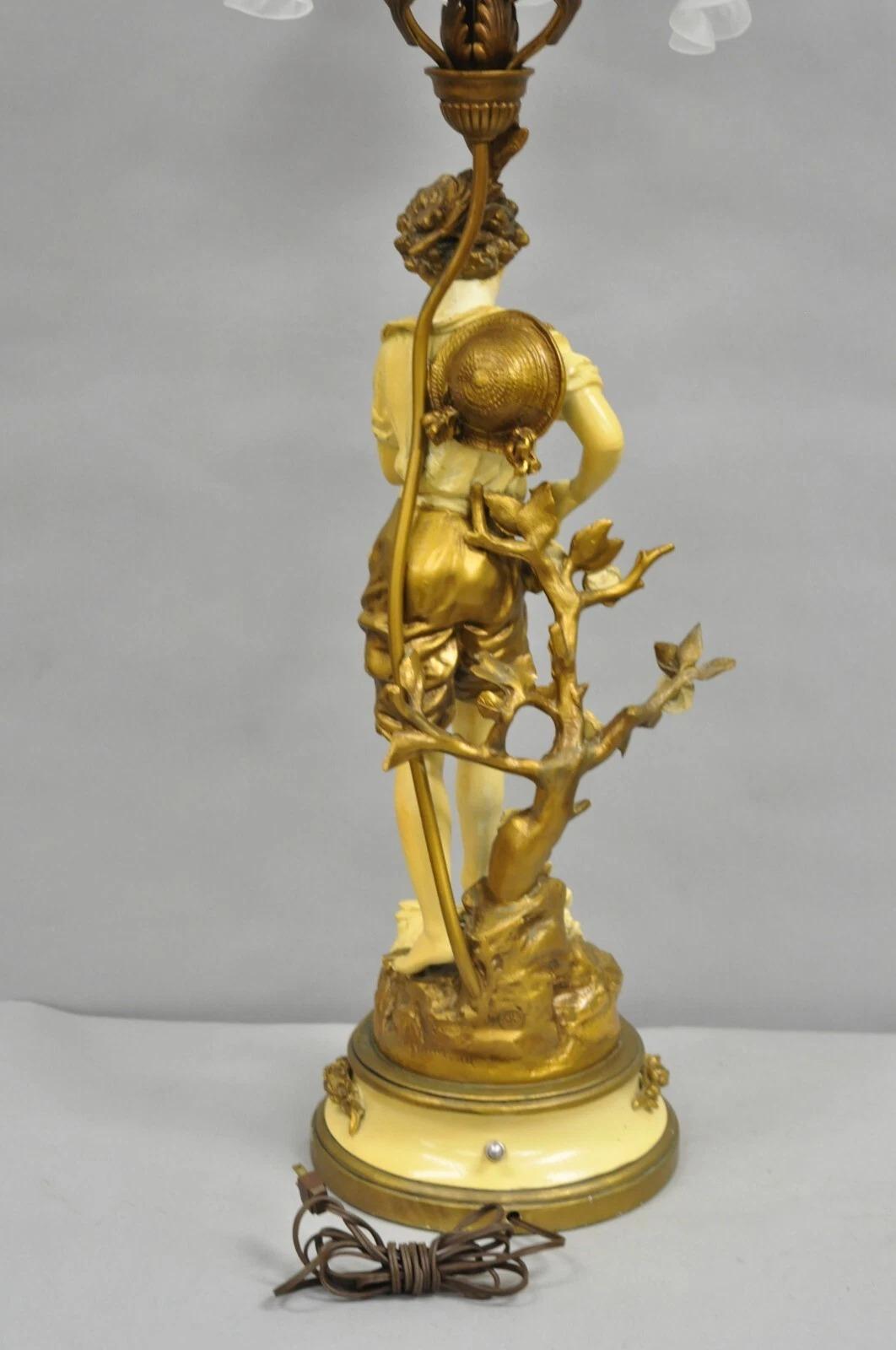 Vintage French L&F Moreau Figural Gold Painted Metal Boy Torchiere Table Lamp For Sale 2