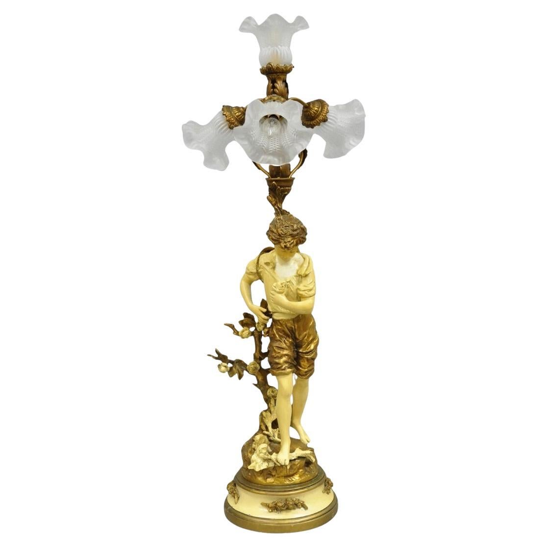 Vintage French L&F Moreau Figural Gold Painted Metal Boy Torchiere Table Lamp For Sale