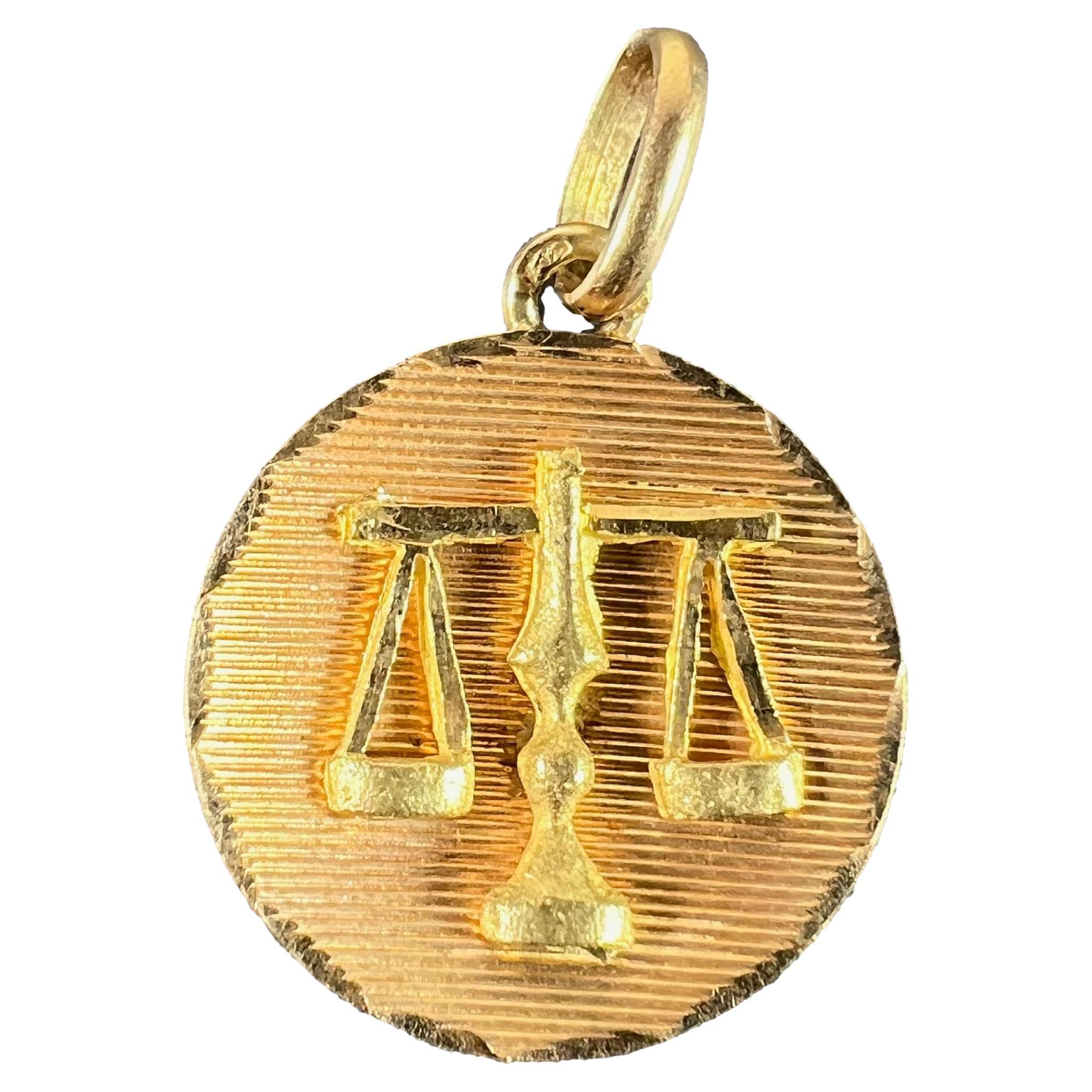 Vintage French Libra Starsign Zodiac 18K Yellow Gold Charm Medal Pendant
