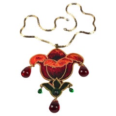 Vintage French Lily Flower Enamel Gripoix Necklace
