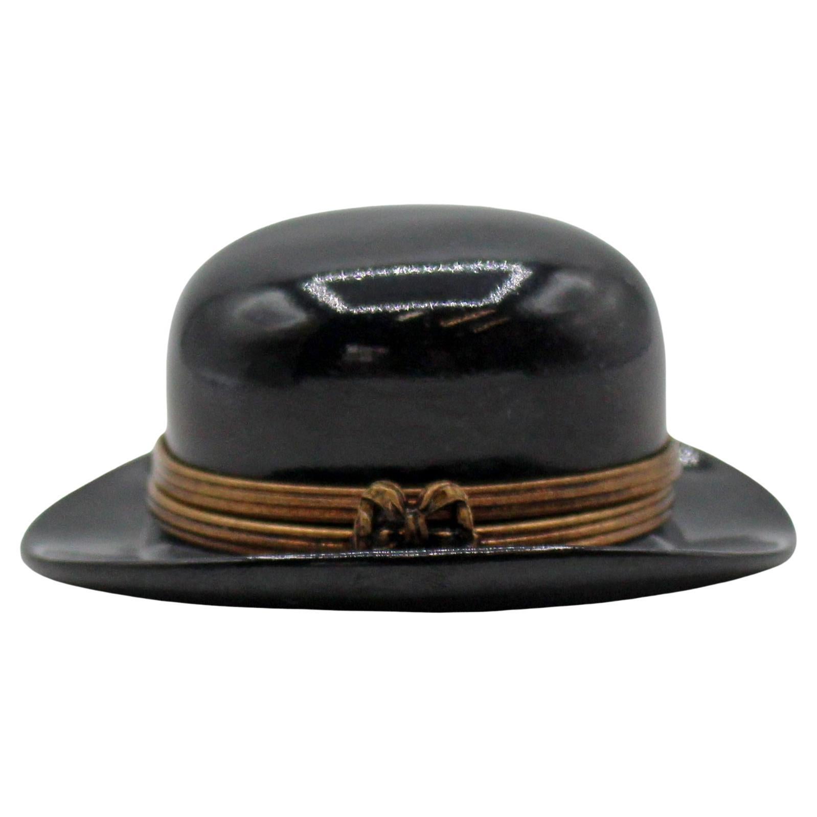Vintage French Limoges Bowler Hat Form Porcelain Trinket Box