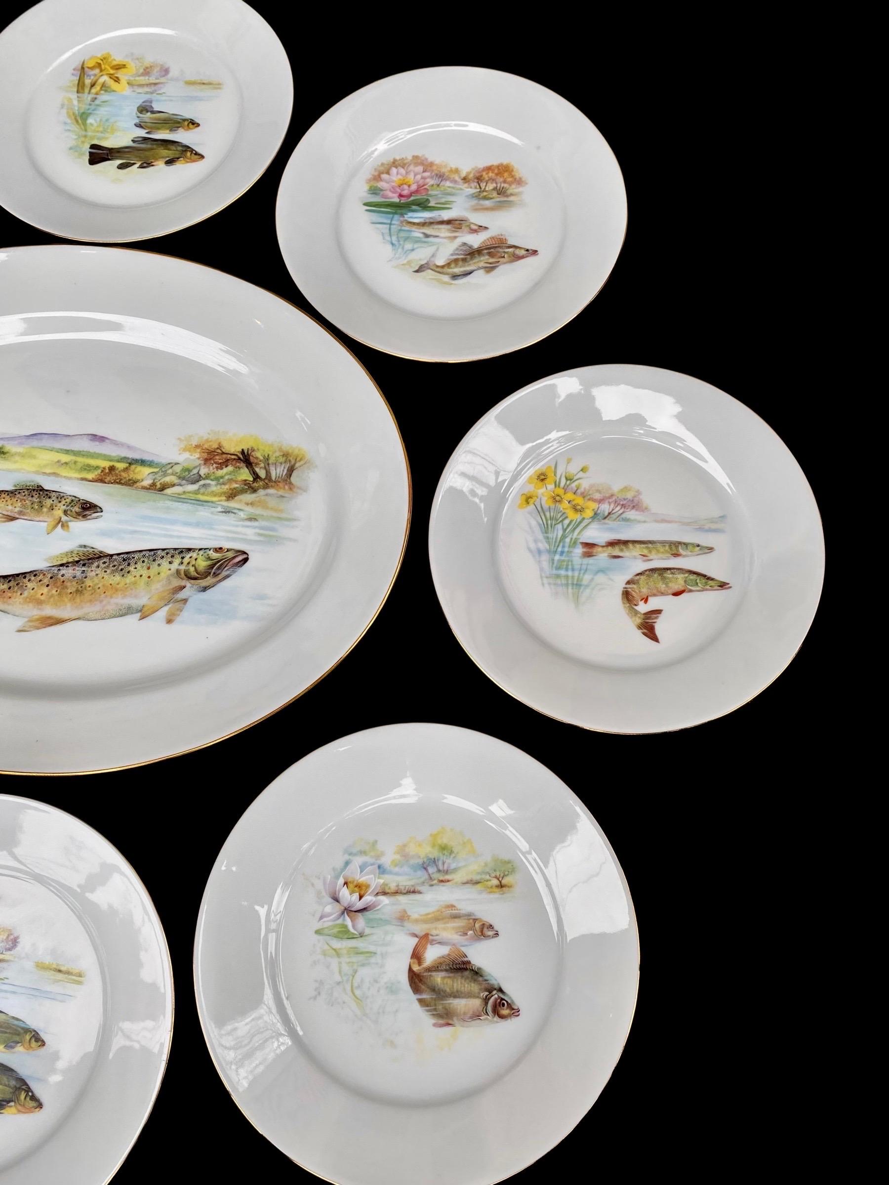 Vintage French Limoges Porcelain Fish Set 6