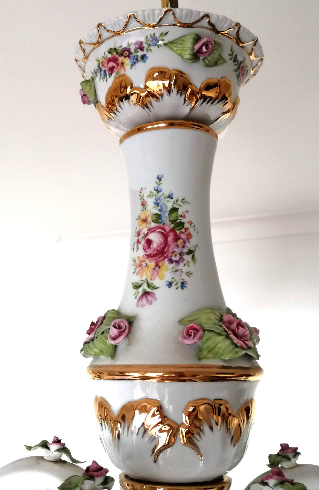 Brass Vintage French Limoges Style Pink Porcelain Flowers and Leaves Gilt Chandelier For Sale