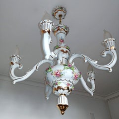 Vintage French Limoges Style Pink Porcelain Flowers and Leaves Gilt Chandelier