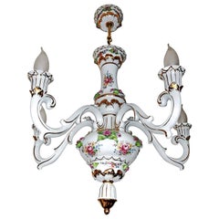 Vintage French Limoges Style Pink Porcelain Flowers and Leaves Gilt Chandelier