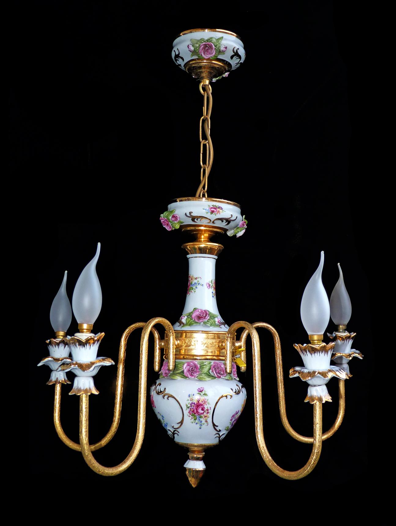 Art Deco Gilt Mid-century French Limoges Style Chandelier Pink Porcelain Flowers & Leaves