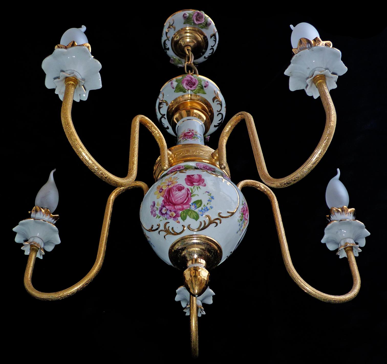Appliqué Gilt Mid-century French Limoges Style Chandelier Pink Porcelain Flowers & Leaves