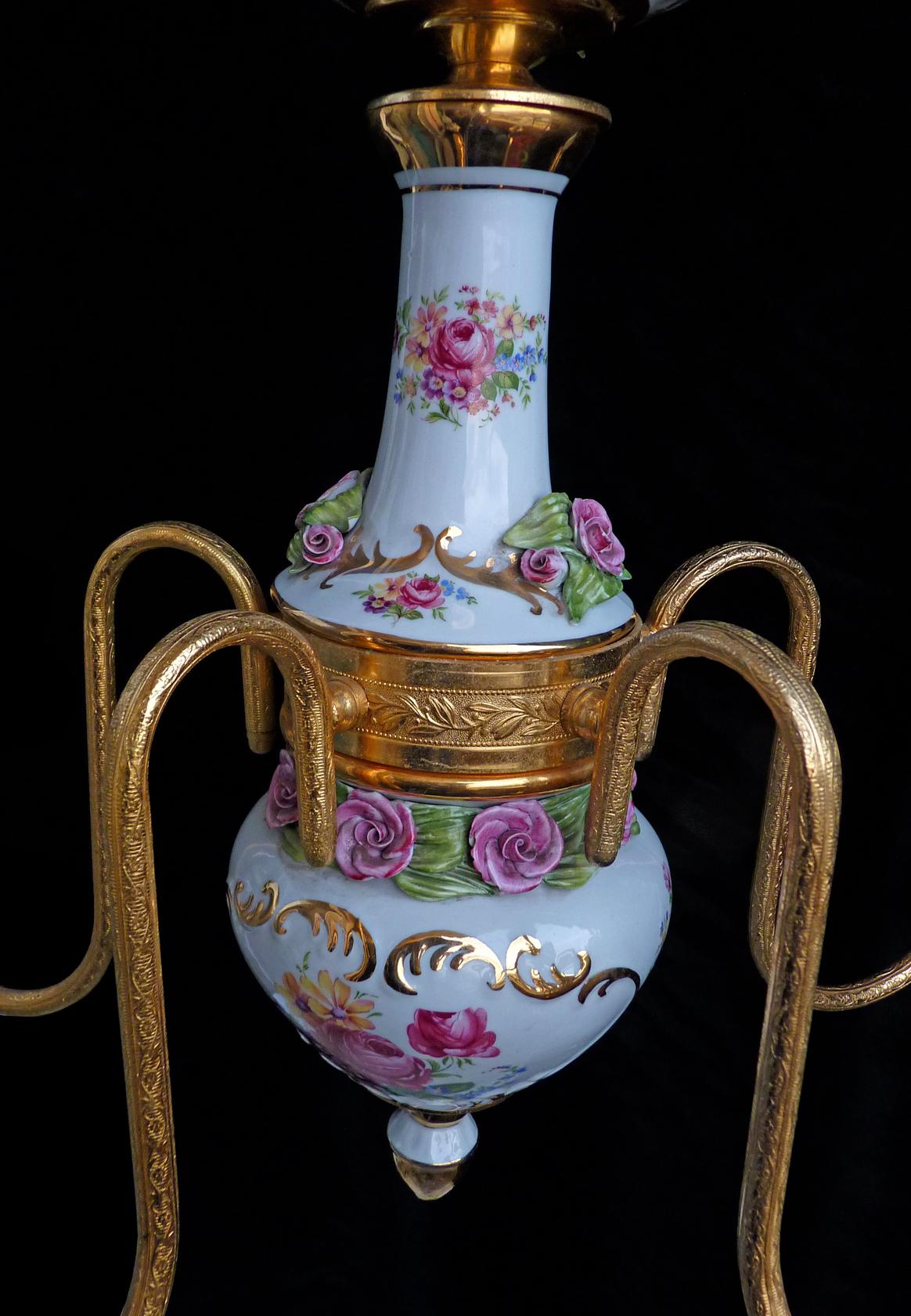 Appliqué Vintage French Limoges Style Pink Porcelain Flowers and Leaves Gilt Chandelier