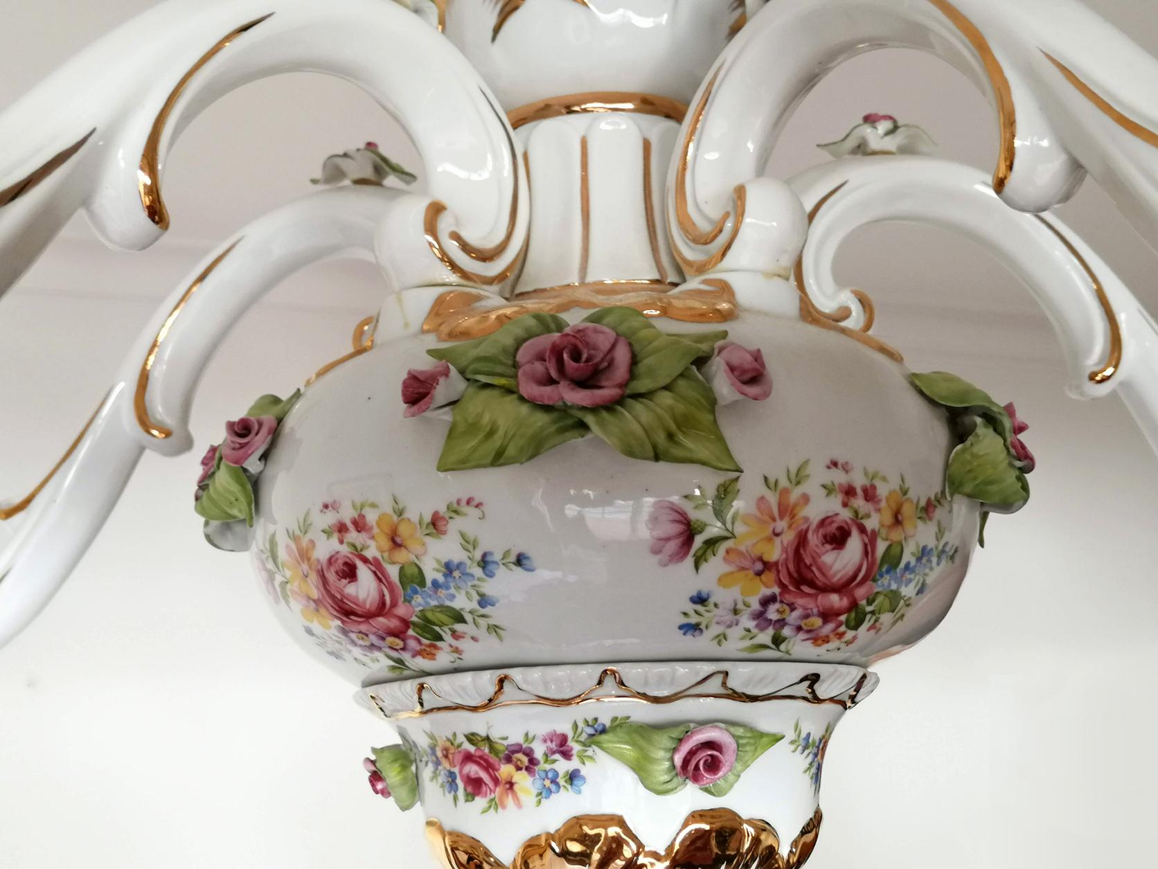 20th Century Vintage French Limoges Style Pink Porcelain Flowers and Leaves Gilt Chandelier For Sale