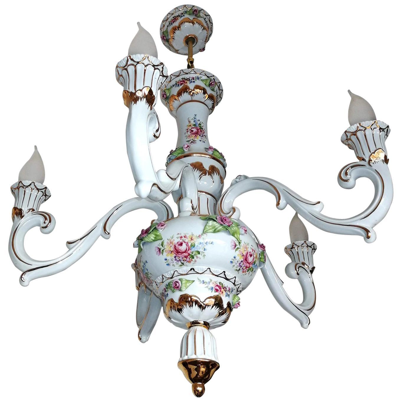 Vintage French Limoges Style Pink Porcelain Flowers and Leaves Gilt Chandelier For Sale